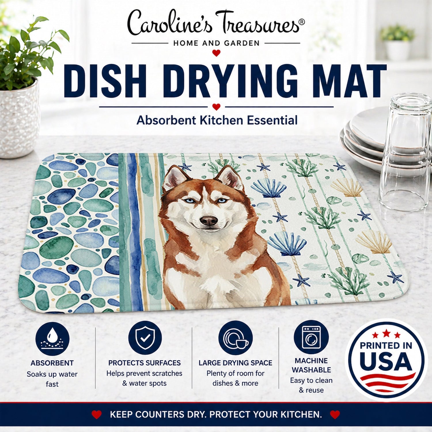 Red and White Siberian Husky Coastal Sea Glass Dish Drying Mat Absorbent Dish Drying Mat Pad for Kitchen Counter Dish Drainer Mat for Countertop, 14 x 21", Multicolor
