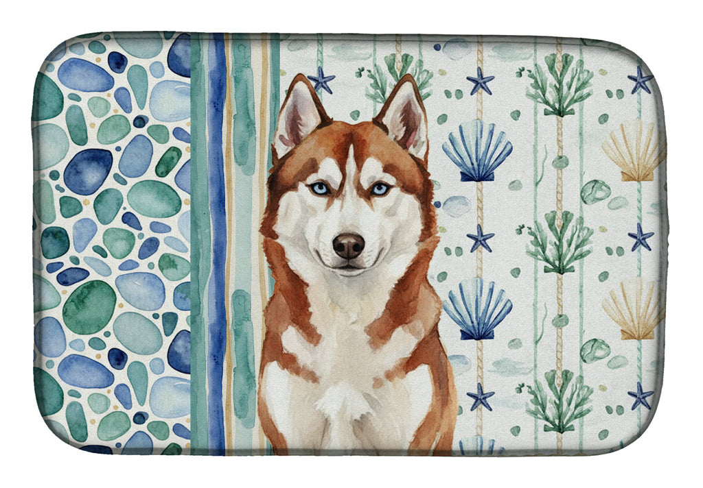 Red and White Siberian Husky Coastal Sea Glass Dish Drying Mat Absorbent Dish Drying Mat Pad for Kitchen Counter Dish Drainer Mat for Countertop, 14 x 21", Multicolor