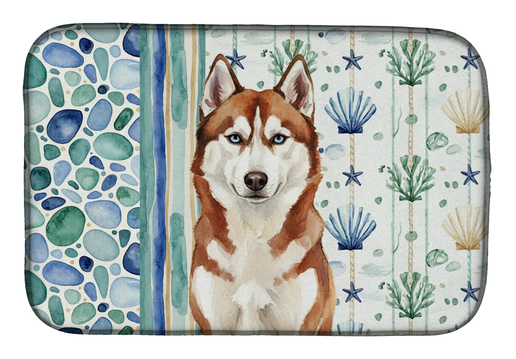 Red and White Siberian Husky Coastal Sea Glass Dish Drying Mat Absorbent Dish Drying Mat Pad for Kitchen Counter Dish Drainer Mat for Countertop, 14 x 21", Multicolor