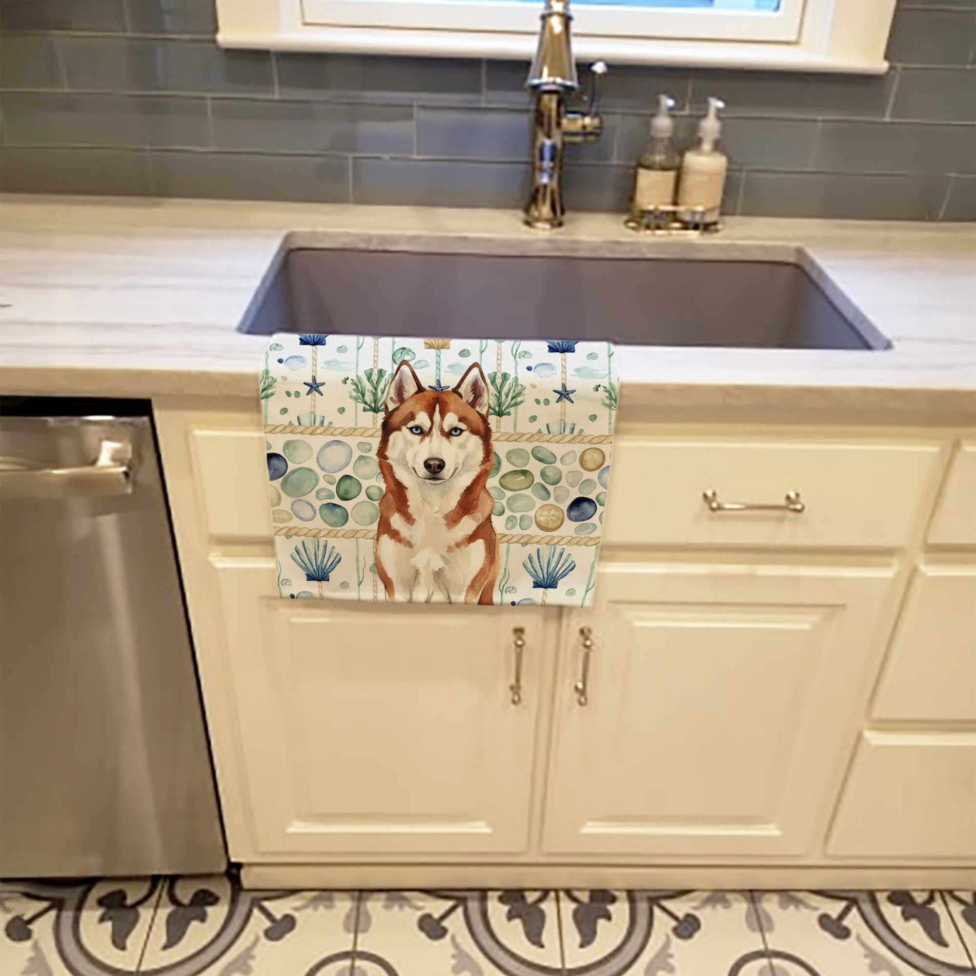 Red and White Siberian Husky Coastal Sea Glass Kitchen Towel Velour Plush Front and Cotton Loop Back Machine Washable