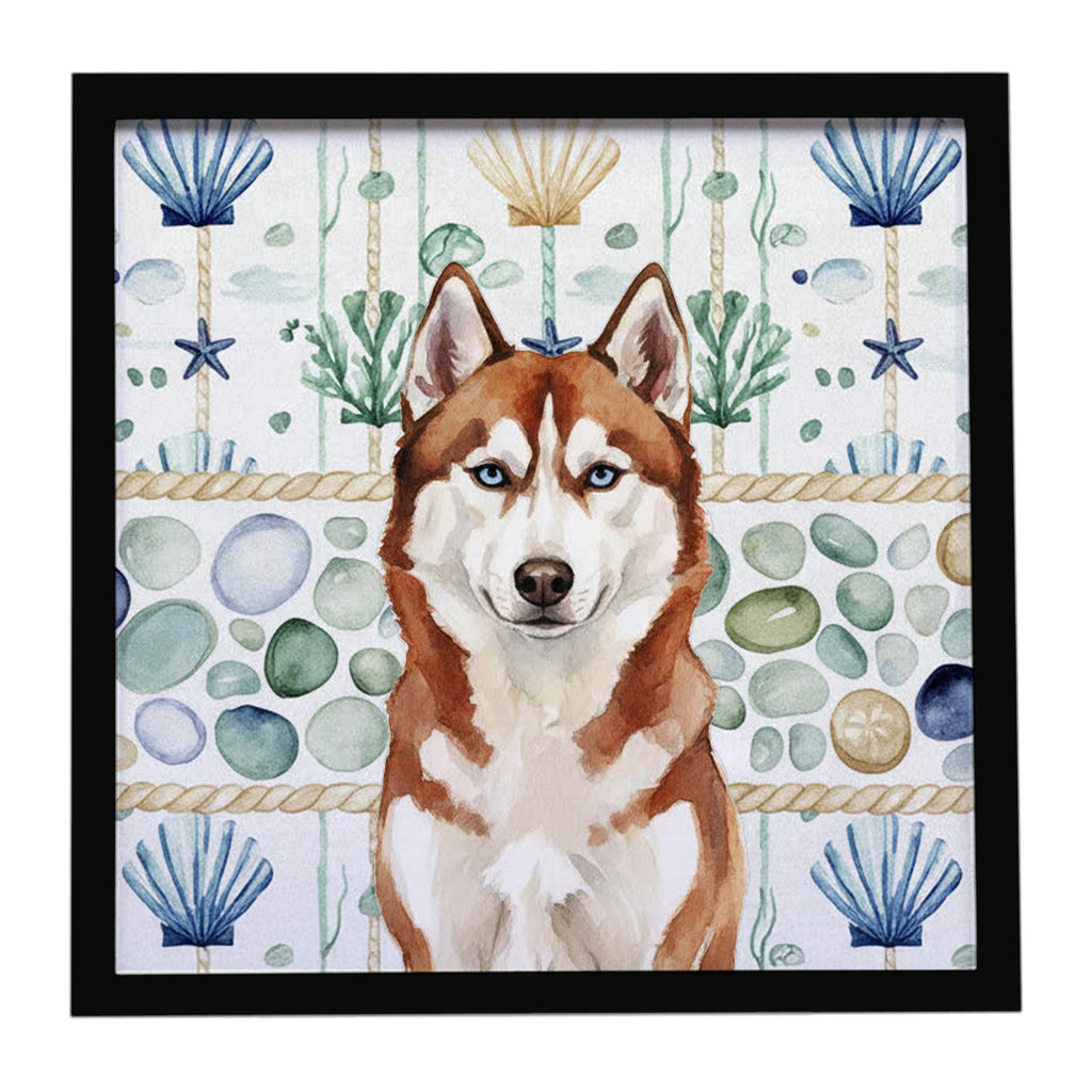Red and White Siberian Husky Coastal Sea Glass Framed Metal Print Bathroom, Kitchen, Office, Home Decor Wall Art Ready to Hang, Square, 8X8