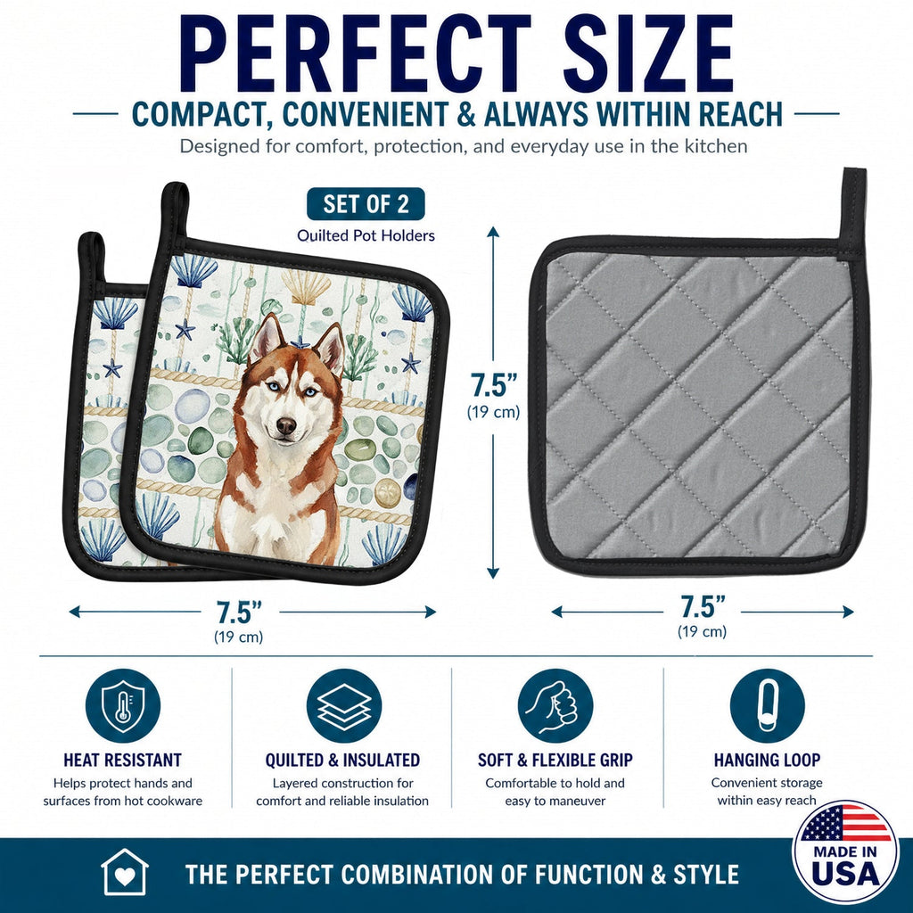 Red and White Siberian Husky Coastal Sea Glass Pot Holder Set of 2 Heat Resistant Quilted Hot Pads 7.5 x 7.5 Inch, Insulated Kitchen Trivets for Cooking & Baking