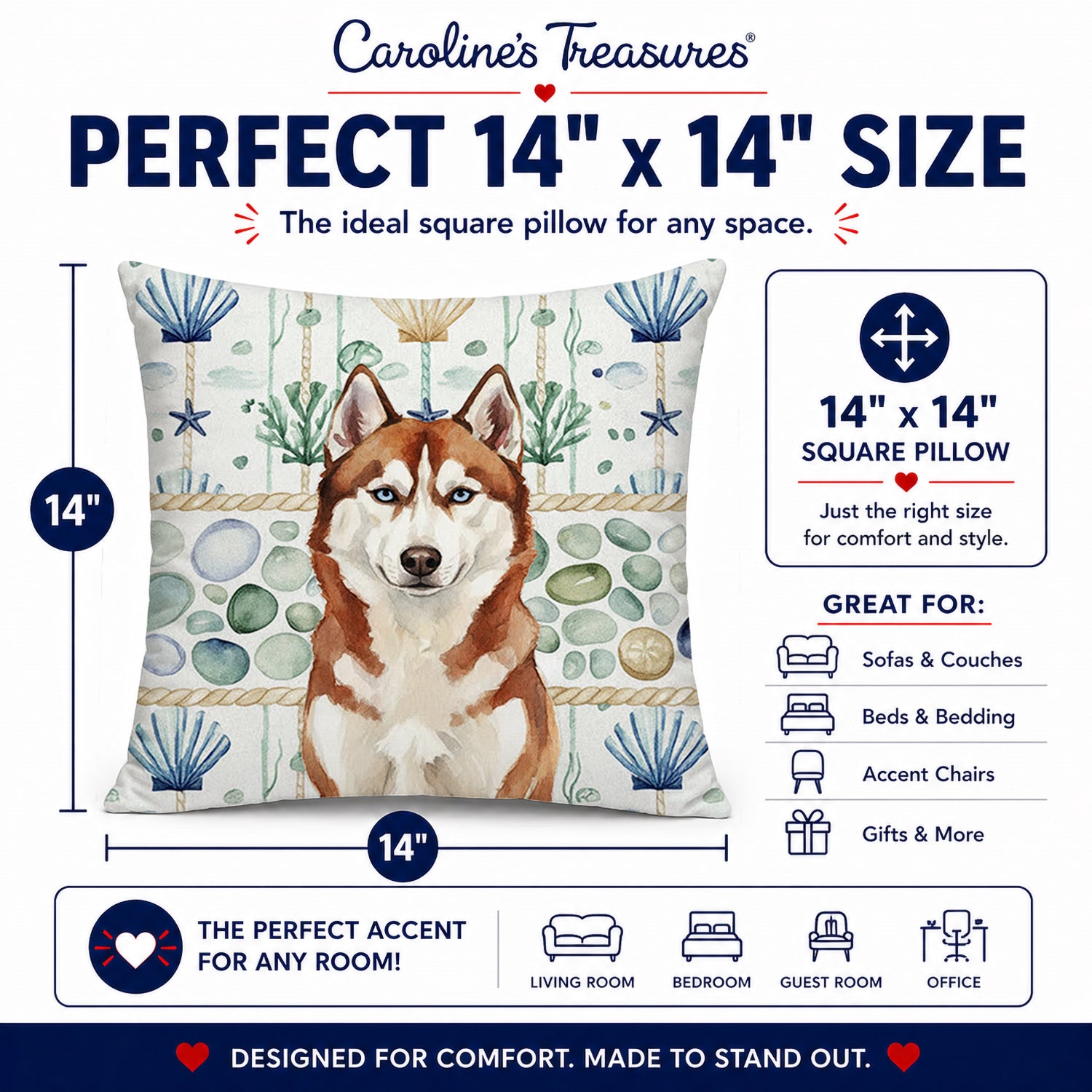 Red and White Siberian Husky Coastal Sea Glass Decorative Throw Pillow 14x14 Indoor Outdoor Accent Cushion, Fabric Cover with Insert for Sofa, Bed, Porch & Living Room