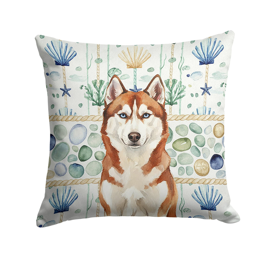 Red and White Siberian Husky Coastal Sea Glass Decorative Throw Pillow 14x14 Indoor Outdoor Accent Cushion, Fabric Cover with Insert for Sofa, Bed, Porch & Living Room