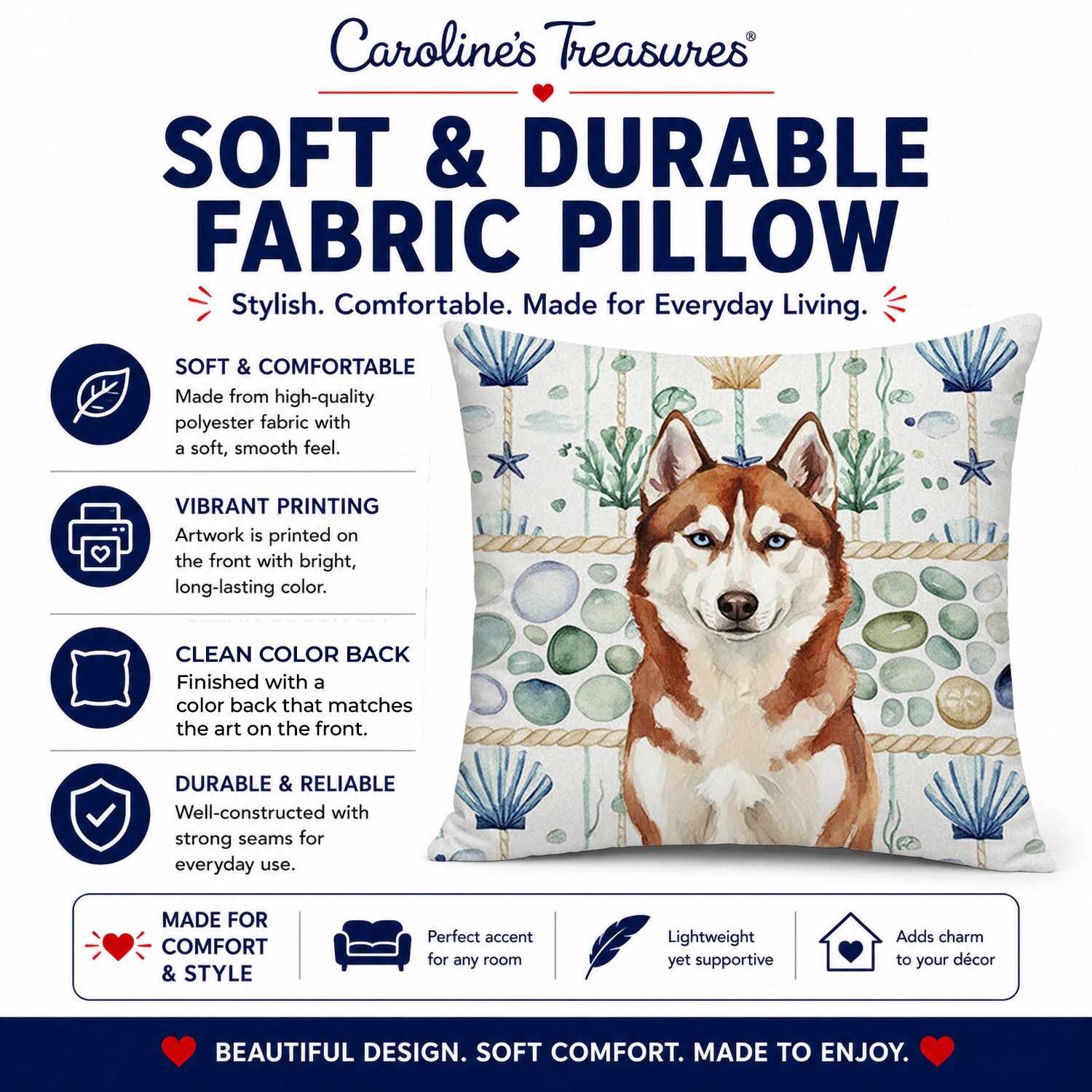 Red and White Siberian Husky Coastal Sea Glass Decorative Throw Pillow 18x18 Indoor Outdoor Accent Cushion, Fabric Cover with Insert for Sofa, Bed, Porch & Living Room