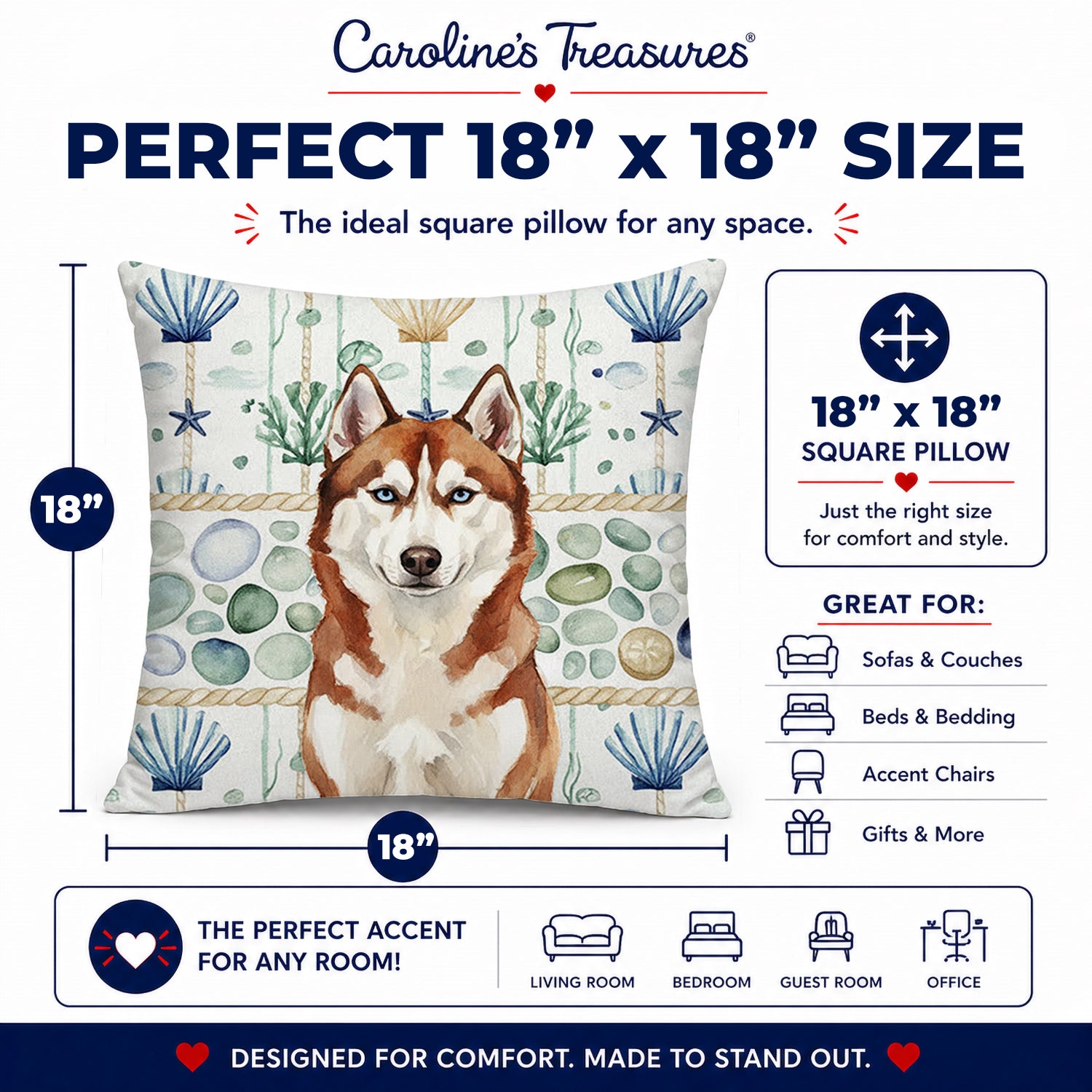 Red and White Siberian Husky Coastal Sea Glass Decorative Throw Pillow 18x18 Indoor Outdoor Accent Cushion, Fabric Cover with Insert for Sofa, Bed, Porch & Living Room