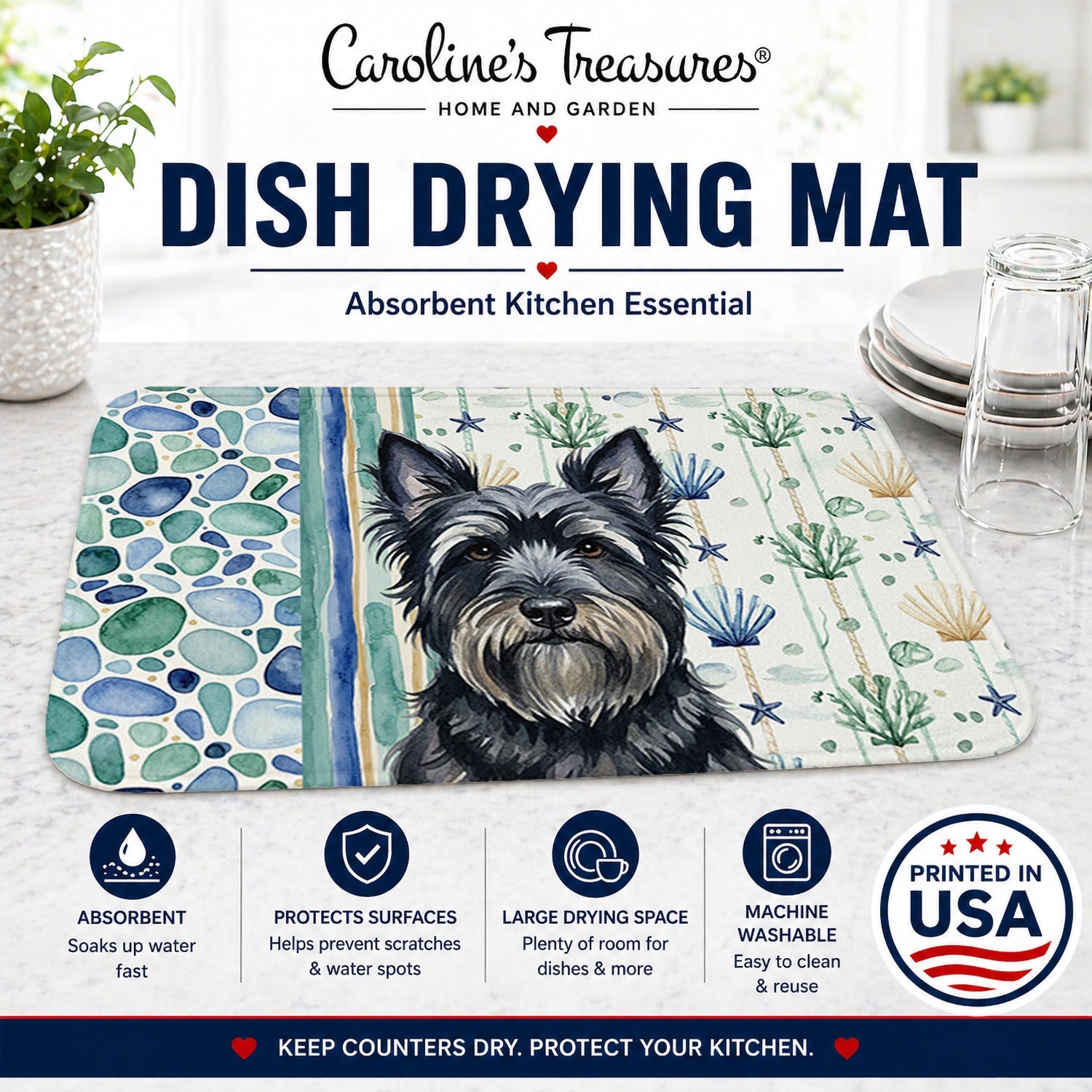 Black Skye Terrier Coastal Sea Glass Dish Drying Mat Absorbent Dish Drying Mat Pad for Kitchen Counter Dish Drainer Mat for Countertop, 14 x 21", Multicolor