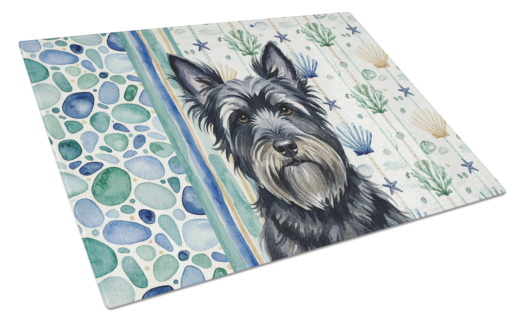 Black Skye Terrier Coastal Sea Glass Cutting Board Tempered Glass Kitchen Cutting Surface, Heat Resistant Chopping, Non-Slip Feet, Food Prep & Serving