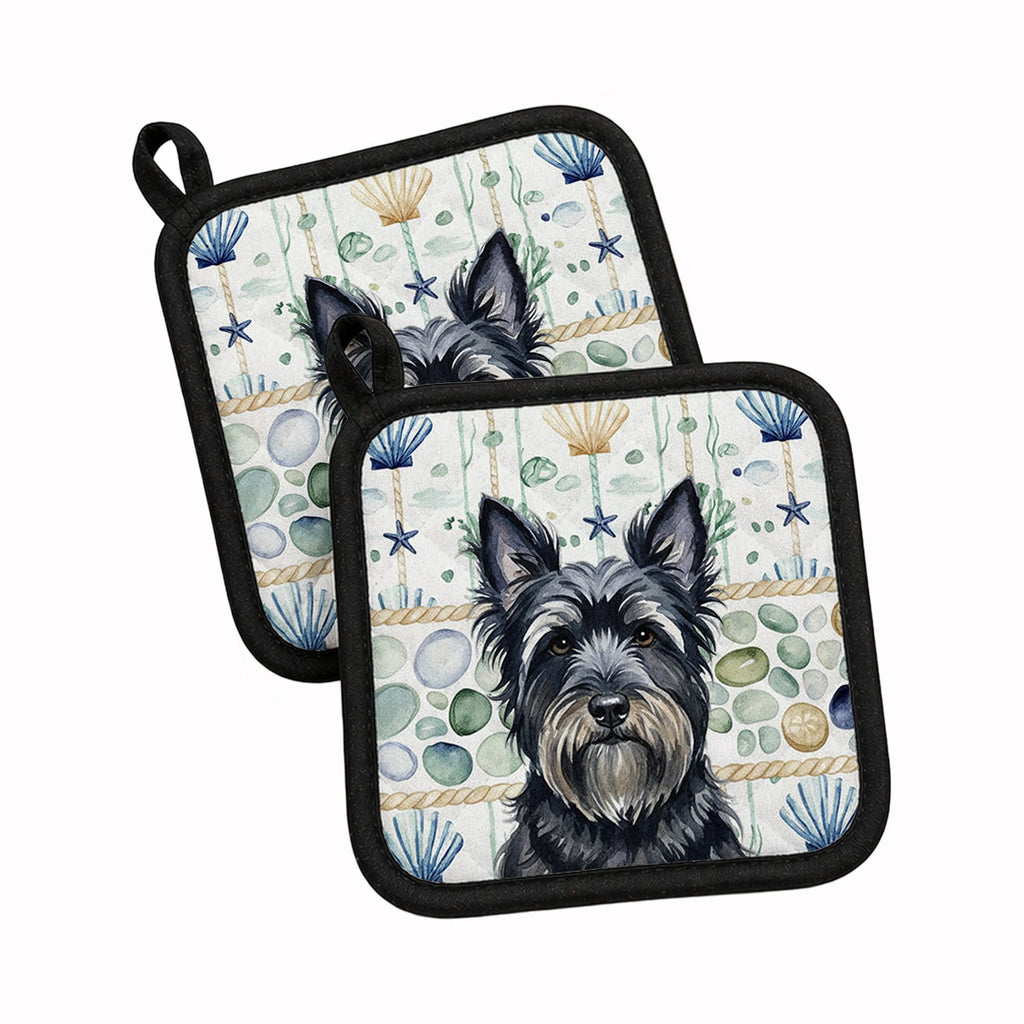 Black Skye Terrier Coastal Sea Glass Pot Holder Set of 2 Heat Resistant Quilted Hot Pads 7.5 x 7.5 Inch, Insulated Kitchen Trivets for Cooking & Baking
