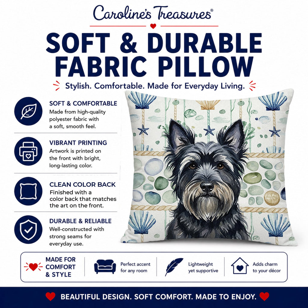 Black Skye Terrier Coastal Sea Glass Decorative Throw Pillow 14x14 Indoor Outdoor Accent Cushion, Fabric Cover with Insert for Sofa, Bed, Porch & Living Room