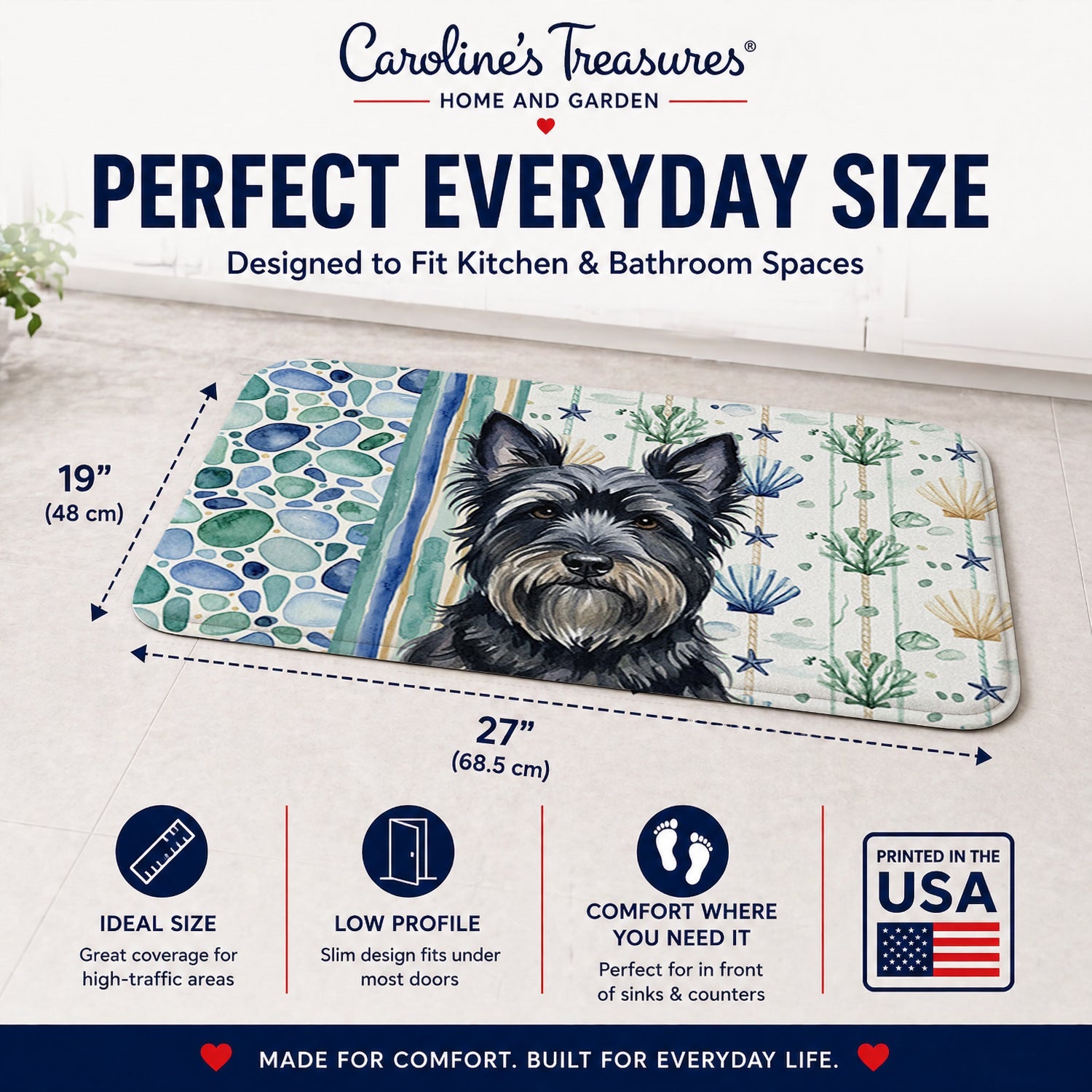 Black Skye Terrier Coastal Sea Glass Memory Foam Kitchen Mat Machine Washable Anti-Fatigue Cushion Comfort Bath or Kitchen Rug