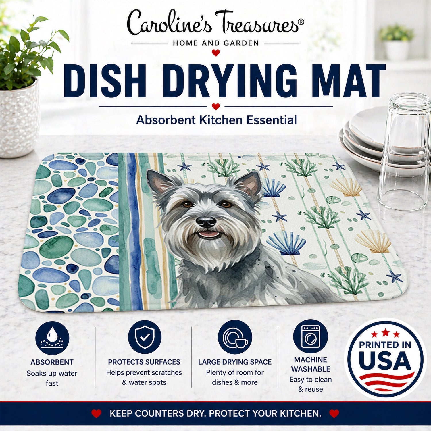 Gray Skye Terrier Coastal Sea Glass Dish Drying Mat Absorbent Dish Drying Mat Pad for Kitchen Counter Dish Drainer Mat for Countertop, 14 x 21", Multicolor