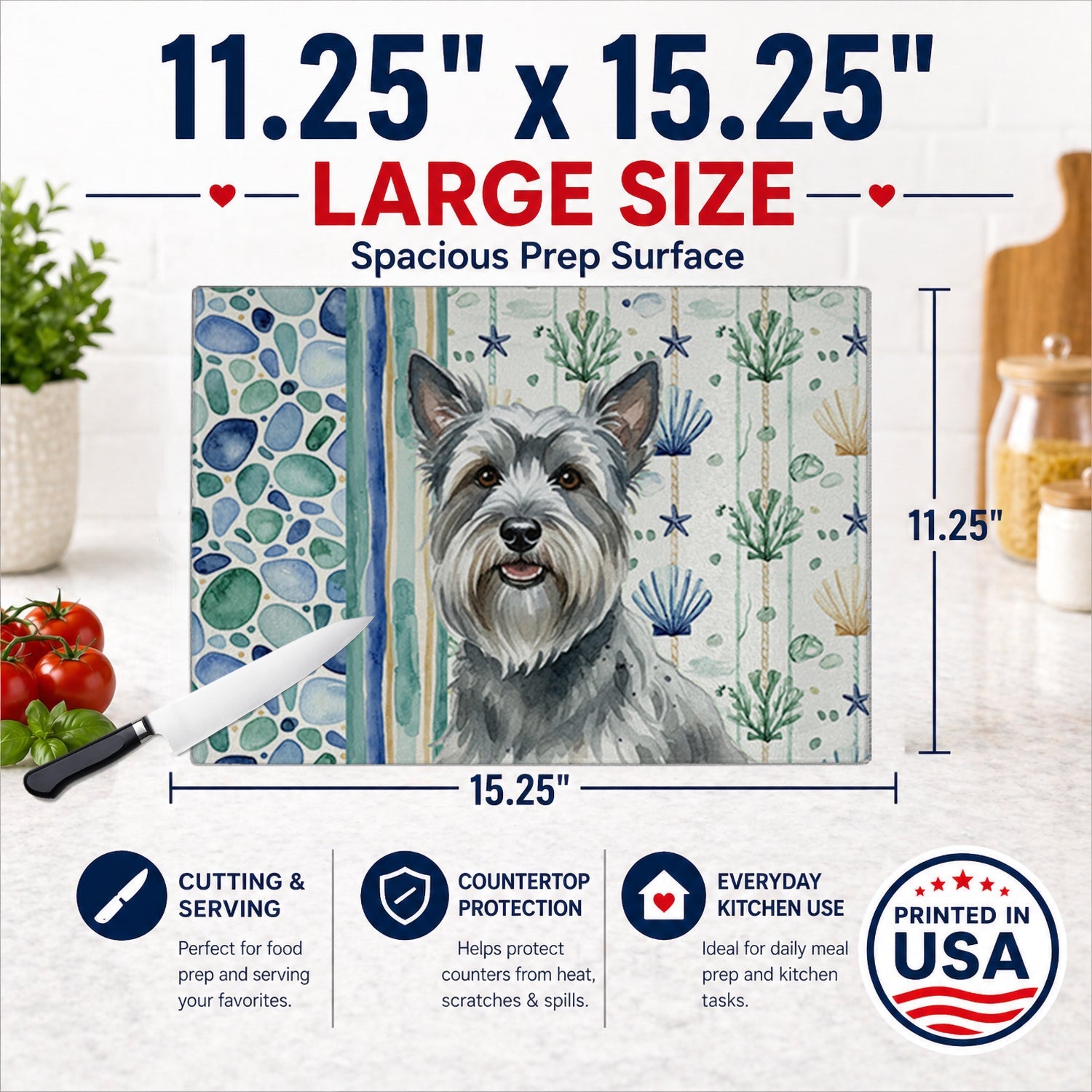 Gray Skye Terrier Coastal Sea Glass Cutting Board Tempered Glass Kitchen Cutting Surface, Heat Resistant Chopping, Non-Slip Feet, Food Prep & Serving