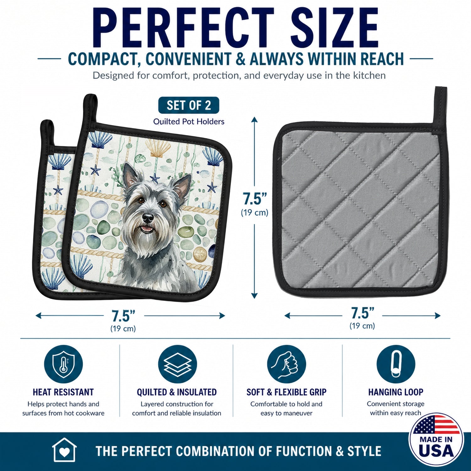 Gray Skye Terrier Coastal Sea Glass Pot Holder Set of 2 Heat Resistant Quilted Hot Pads 7.5 x 7.5 Inch, Insulated Kitchen Trivets for Cooking & Baking