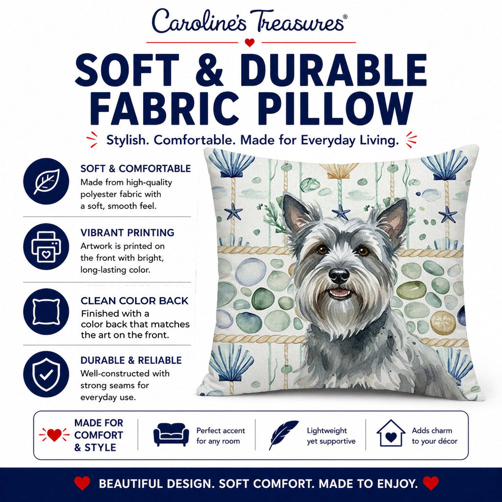 Gray Skye Terrier Coastal Sea Glass Decorative Throw Pillow 14x14 Indoor Outdoor Accent Cushion, Fabric Cover with Insert for Sofa, Bed, Porch & Living Room