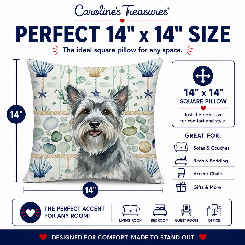 Gray Skye Terrier Coastal Sea Glass Decorative Throw Pillow 14x14 Indoor Outdoor Accent Cushion, Fabric Cover with Insert for Sofa, Bed, Porch & Living Room