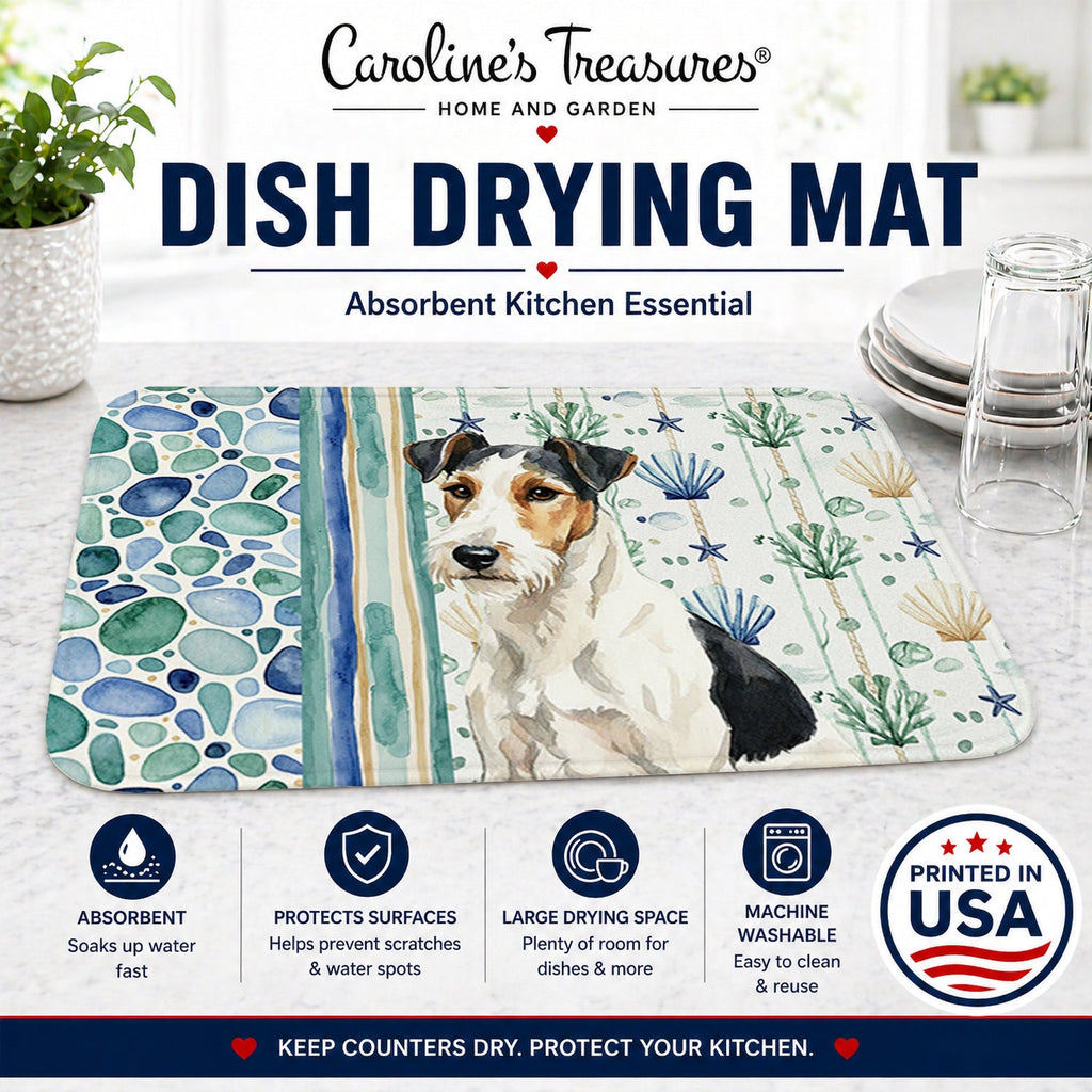 Smooth Fox Terrier Coastal Sea Glass Dish Drying Mat Absorbent Dish Drying Mat Pad for Kitchen Counter Dish Drainer Mat for Countertop, 14 x 21", Multicolor