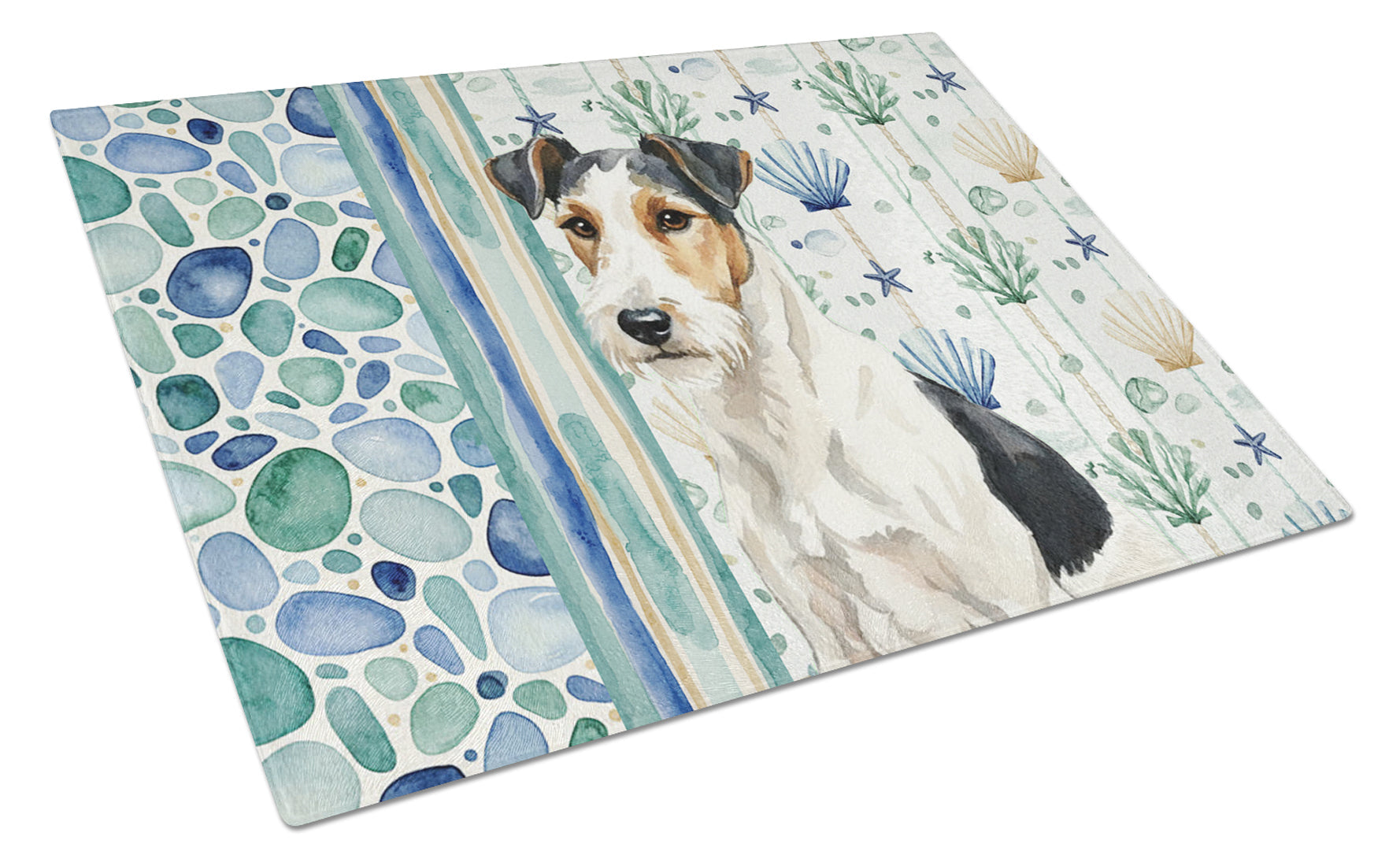 Smooth Fox Terrier Coastal Sea Glass Cutting Board Tempered Glass Kitchen Cutting Surface, Heat Resistant Chopping, Non-Slip Feet, Food Prep & Serving