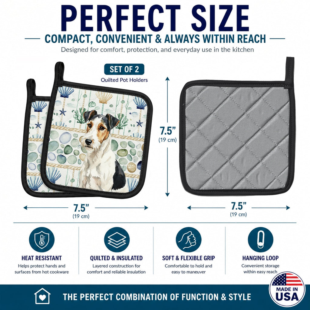 Smooth Fox Terrier Coastal Sea Glass Pot Holder Set of 2 Heat Resistant Quilted Hot Pads 7.5 x 7.5 Inch, Insulated Kitchen Trivets for Cooking & Baking