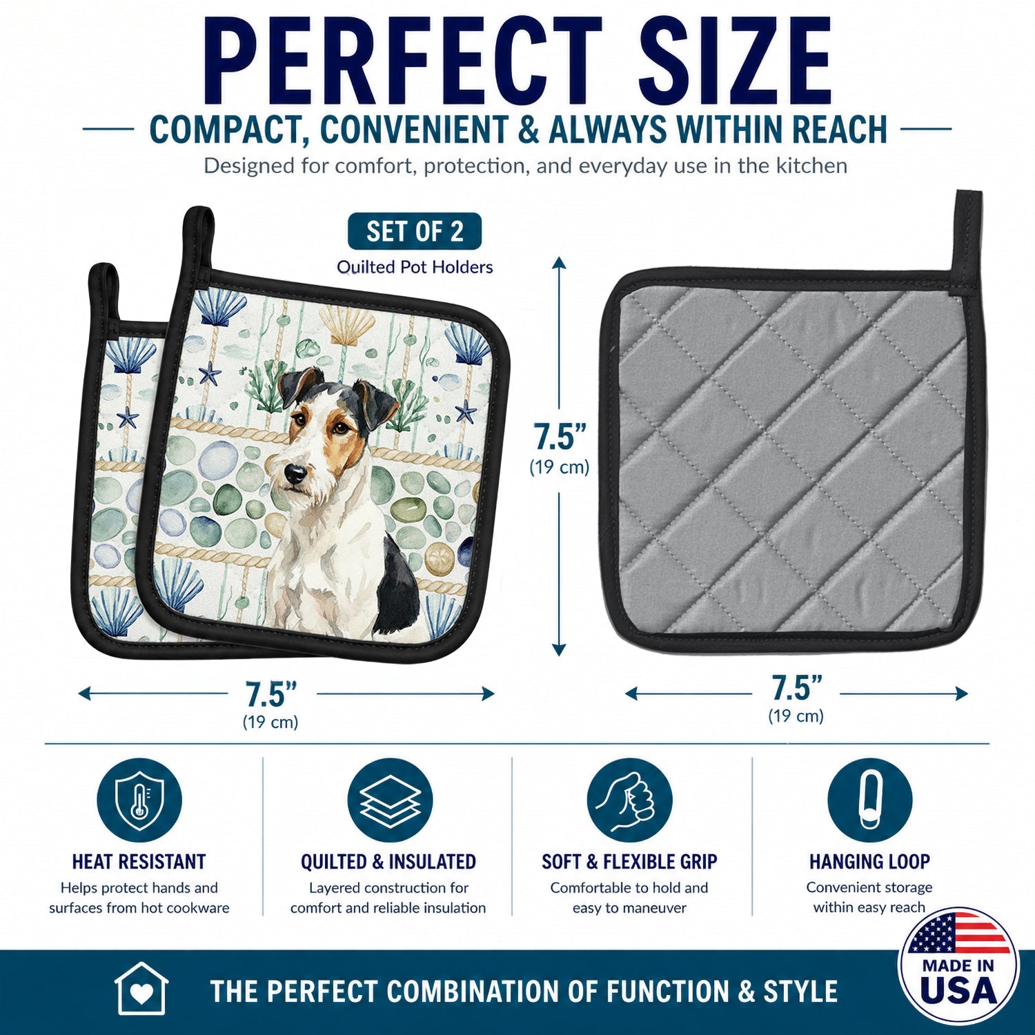 Smooth Fox Terrier Coastal Sea Glass Pot Holder Set of 2 Heat Resistant Quilted Hot Pads 7.5 x 7.5 Inch, Insulated Kitchen Trivets for Cooking & Baking