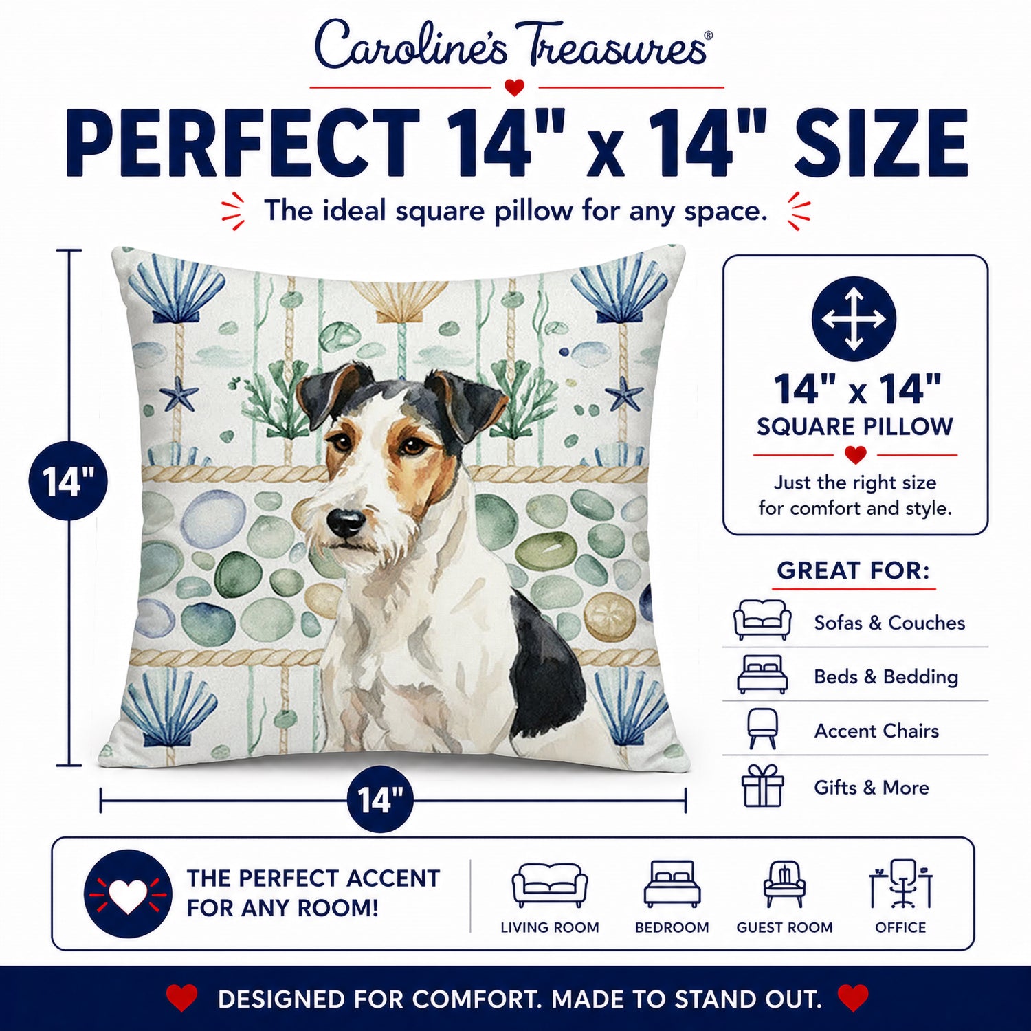 Smooth Fox Terrier Coastal Sea Glass Decorative Throw Pillow 14x14 Indoor Outdoor Accent Cushion, Fabric Cover with Insert for Sofa, Bed, Porch & Living Room