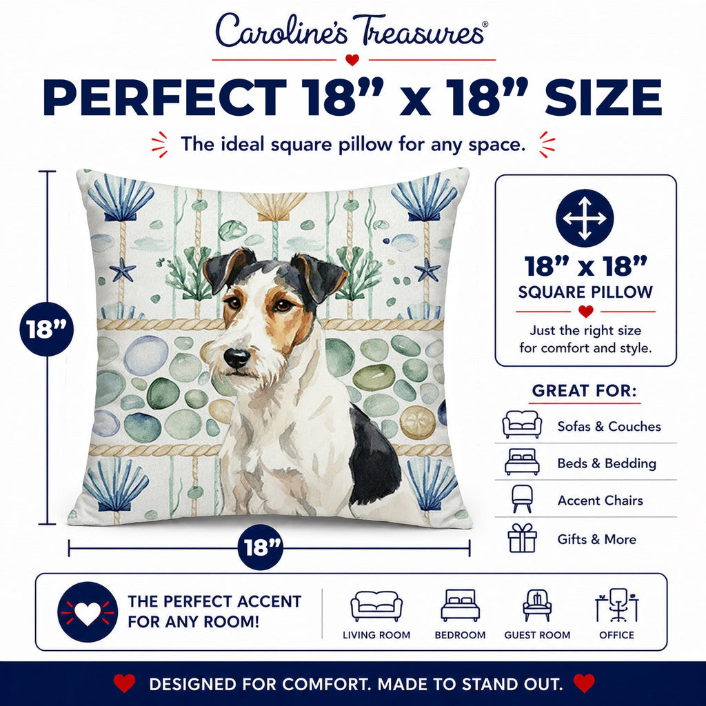 Smooth Fox Terrier Coastal Sea Glass Decorative Throw Pillow 18x18 Indoor Outdoor Accent Cushion, Fabric Cover with Insert for Sofa, Bed, Porch & Living Room