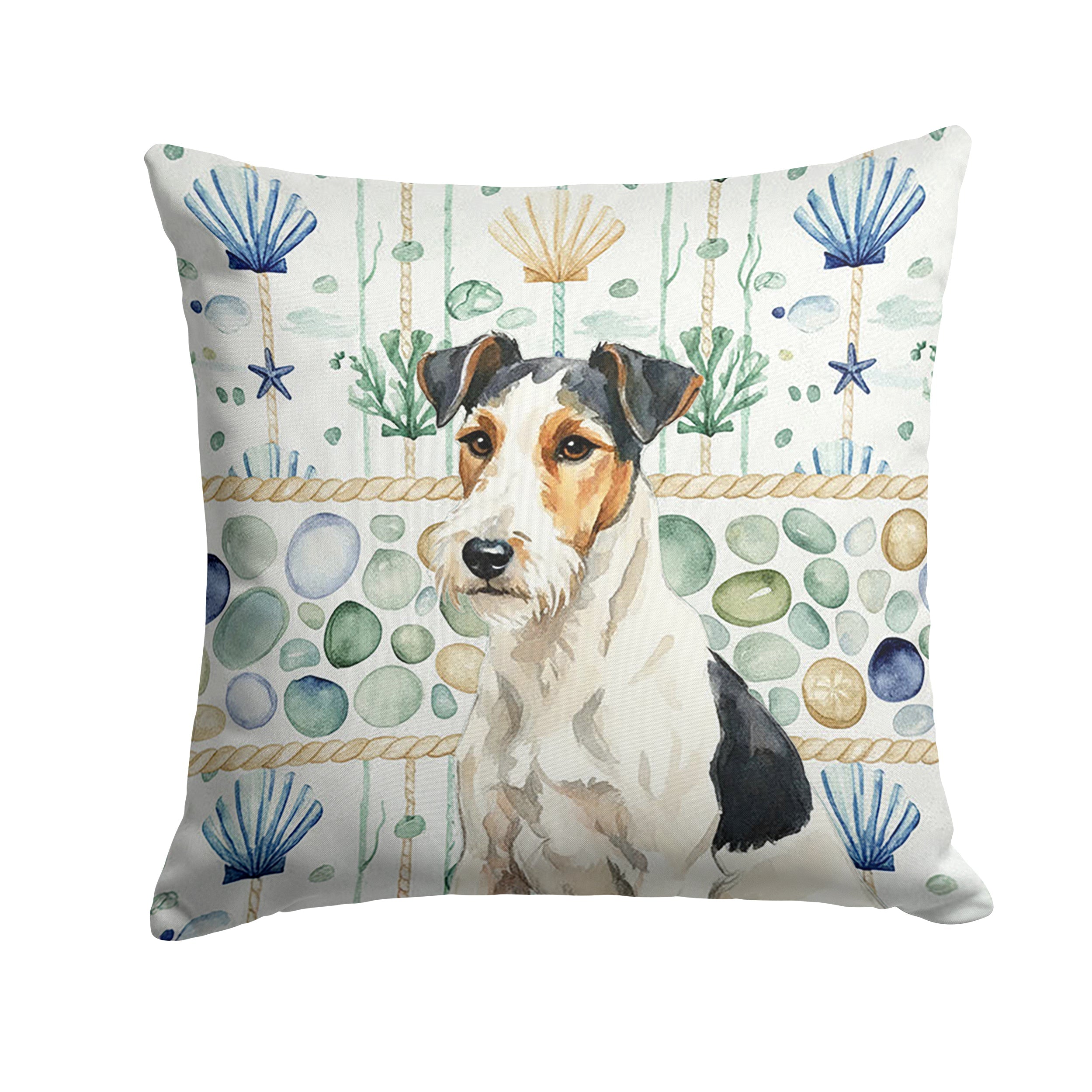 Smooth Fox Terrier Coastal Sea Glass Decorative Throw Pillow 18x18 Indoor Outdoor Accent Cushion, Fabric Cover with Insert for Sofa, Bed, Porch & Living Room