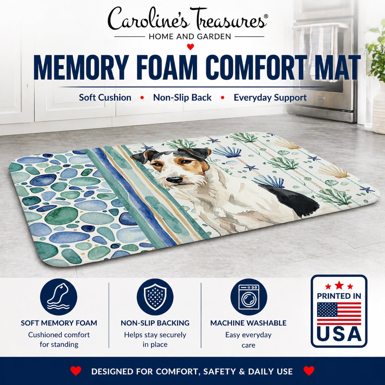 Smooth Fox Terrier Coastal Sea Glass Memory Foam Kitchen Mat Machine Washable Anti-Fatigue Cushion Comfort Bath or Kitchen Rug