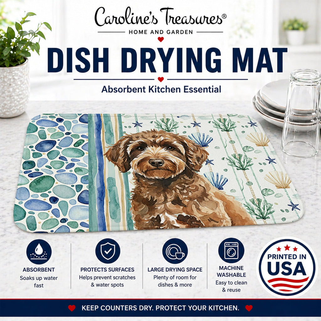 Spanish Water Dog Coastal Sea Glass Dish Drying Mat Absorbent Dish Drying Mat Pad for Kitchen Counter Dish Drainer Mat for Countertop, 14 x 21", Multicolor