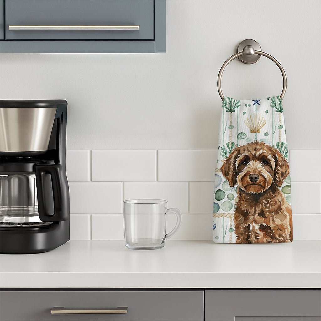 Spanish Water Dog Coastal Sea Glass Kitchen Towel Velour Plush Front and Cotton Loop Back Machine Washable