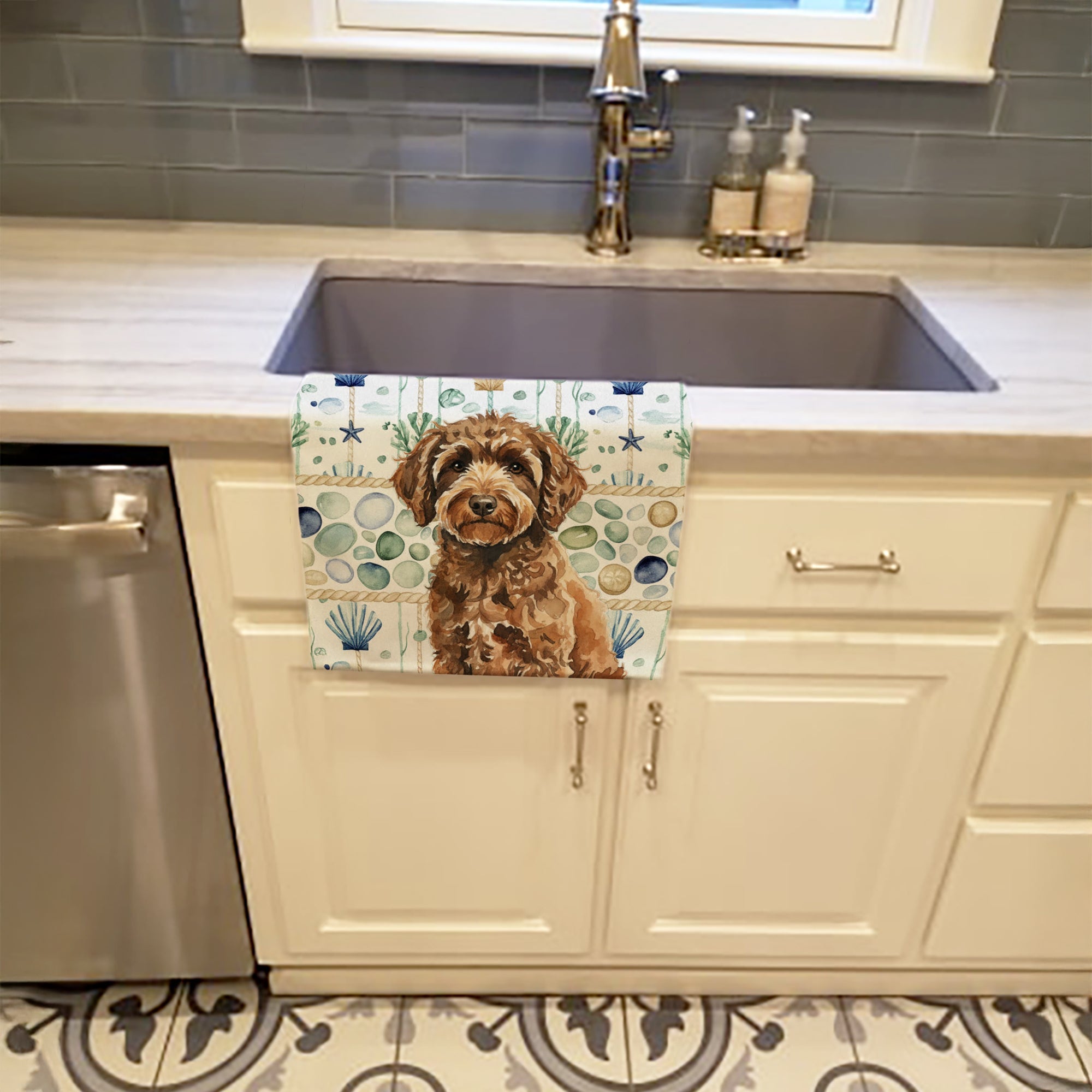 Spanish Water Dog Coastal Sea Glass Kitchen Towel Velour Plush Front and Cotton Loop Back Machine Washable