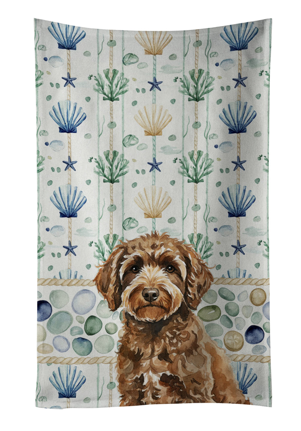 Spanish Water Dog Coastal Sea Glass Kitchen Towel Velour Plush Front and Cotton Loop Back Machine Washable