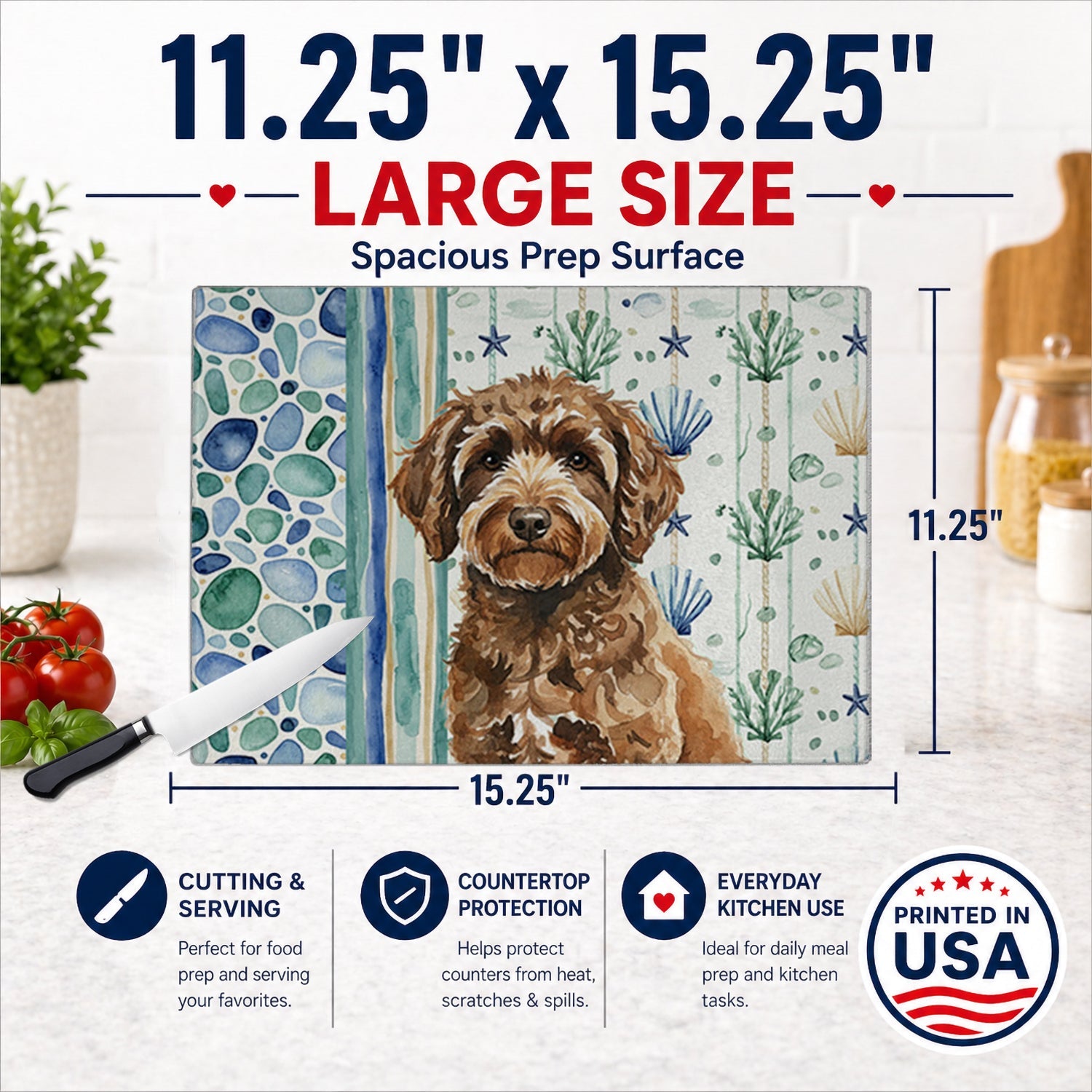 Spanish Water Dog Coastal Sea Glass Cutting Board Tempered Glass Kitchen Cutting Surface, Heat Resistant Chopping, Non-Slip Feet, Food Prep & Serving