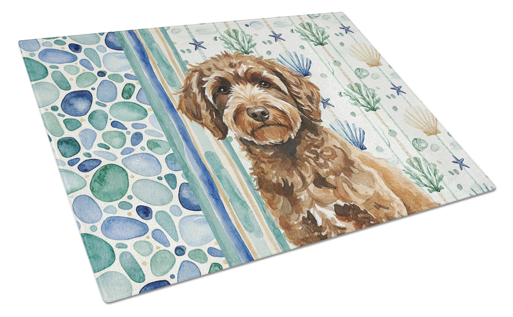 Spanish Water Dog Coastal Sea Glass Cutting Board Tempered Glass Kitchen Cutting Surface, Heat Resistant Chopping, Non-Slip Feet, Food Prep & Serving