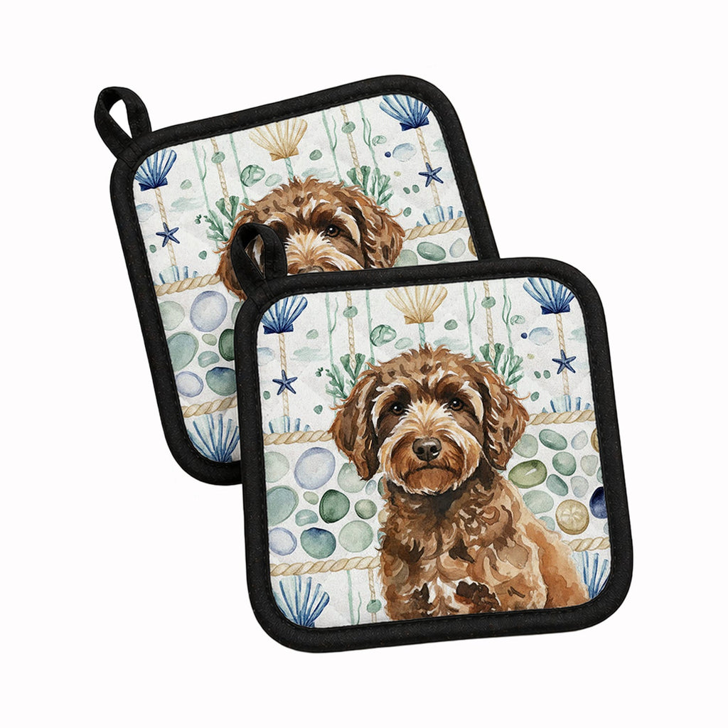 Spanish Water Dog Coastal Sea Glass Pot Holder Set of 2 Heat Resistant Quilted Hot Pads 7.5 x 7.5 Inch, Insulated Kitchen Trivets for Cooking & Baking