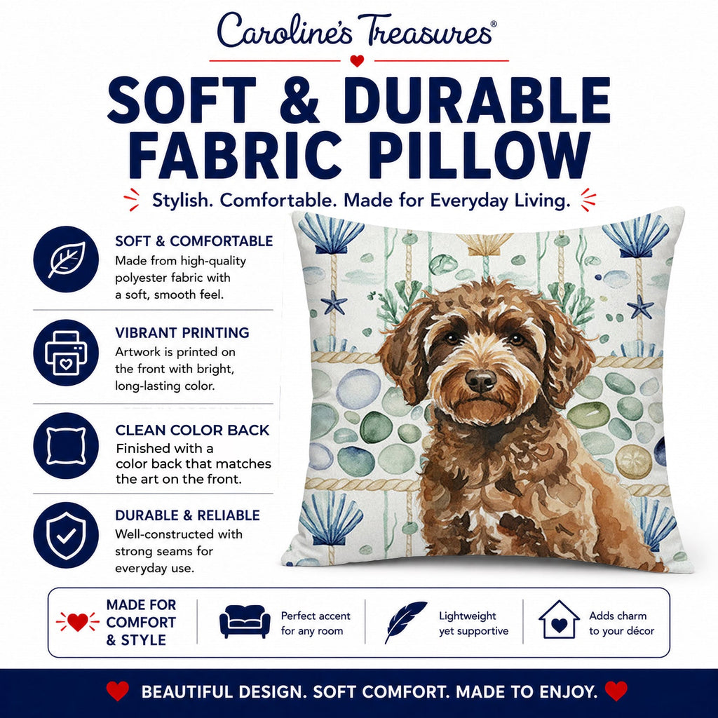 Spanish Water Dog Coastal Sea Glass Decorative Throw Pillow 18x18 Indoor Outdoor Accent Cushion, Fabric Cover with Insert for Sofa, Bed, Porch & Living Room