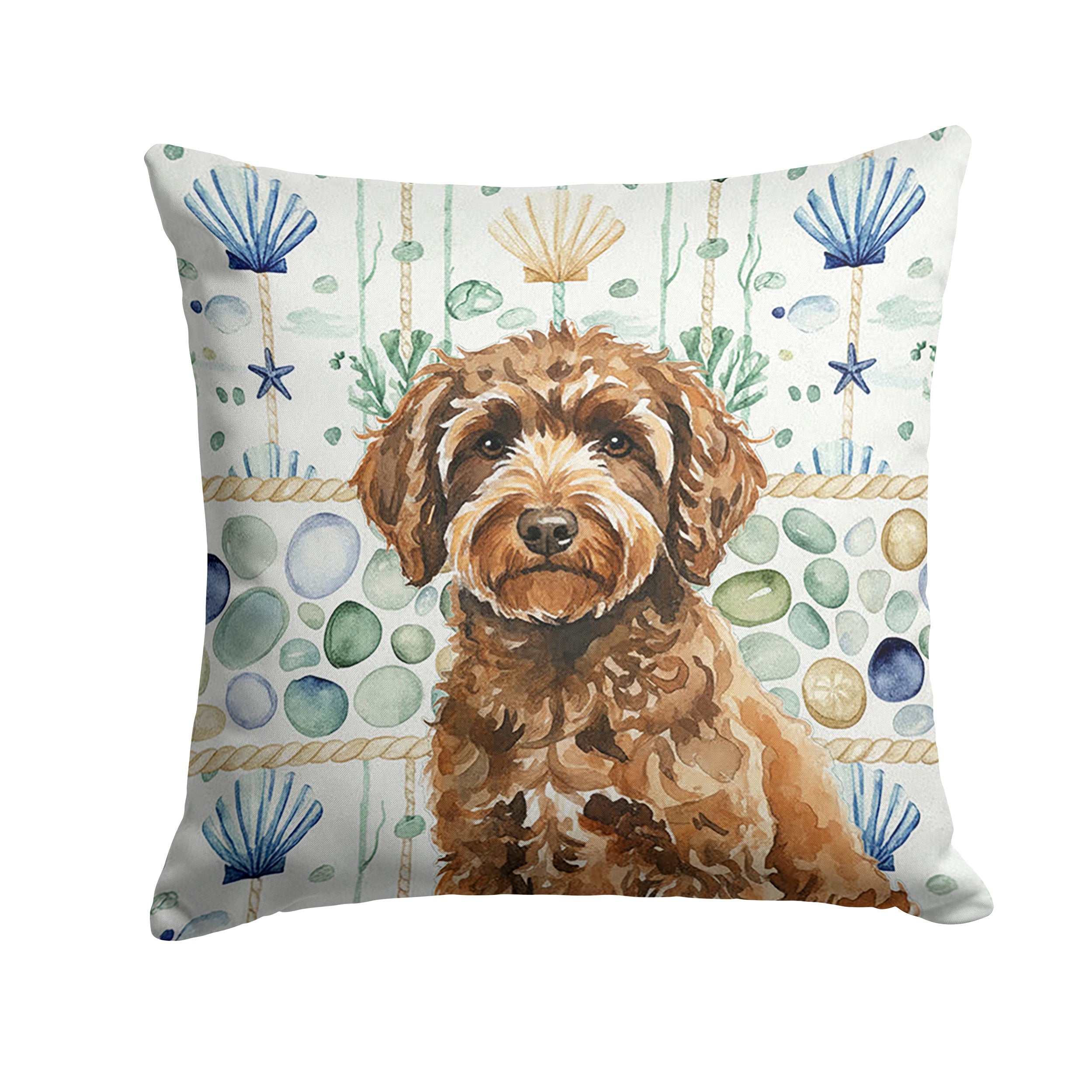 Spanish Water Dog Coastal Sea Glass Decorative Throw Pillow 18x18 Indoor Outdoor Accent Cushion, Fabric Cover with Insert for Sofa, Bed, Porch & Living Room