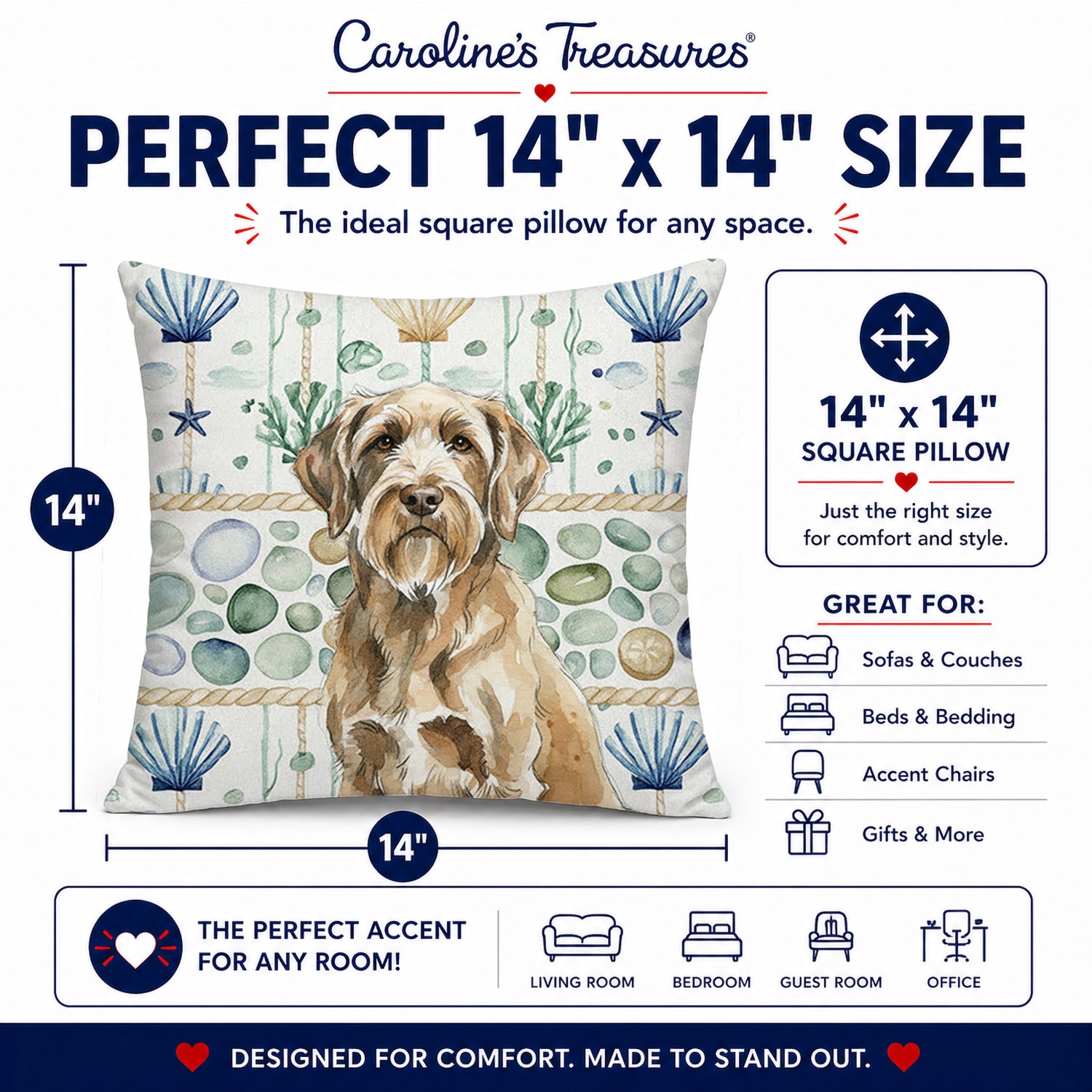 Spinone Italiano Coastal Sea Glass Decorative Throw Pillow 14x14 Indoor Outdoor Accent Cushion, Fabric Cover with Insert for Sofa, Bed, Porch & Living Room