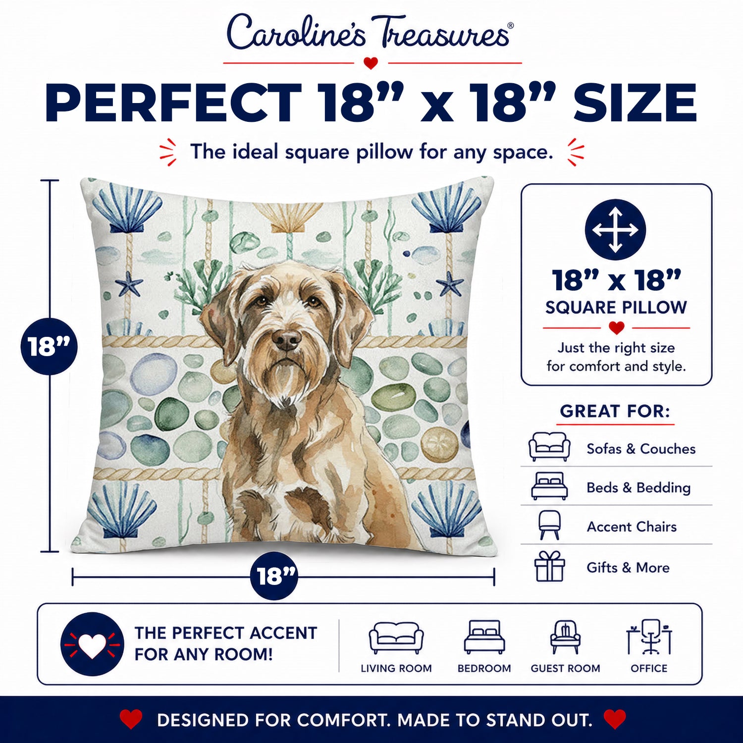 Spinone Italiano Coastal Sea Glass Decorative Throw Pillow 18x18 Indoor Outdoor Accent Cushion, Fabric Cover with Insert for Sofa, Bed, Porch & Living Room