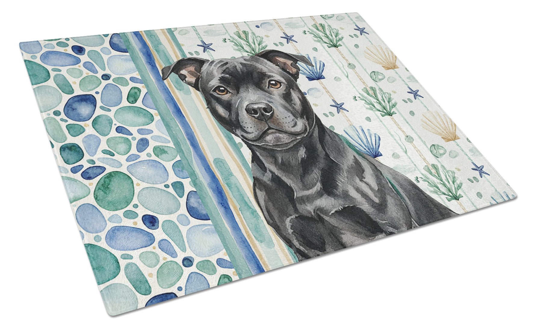 Black Staffordshire Bull Terrier Coastal Sea Glass Cutting Board Tempered Glass Kitchen Cutting Surface, Heat Resistant Chopping, Non-Slip Feet, Food Prep & Serving