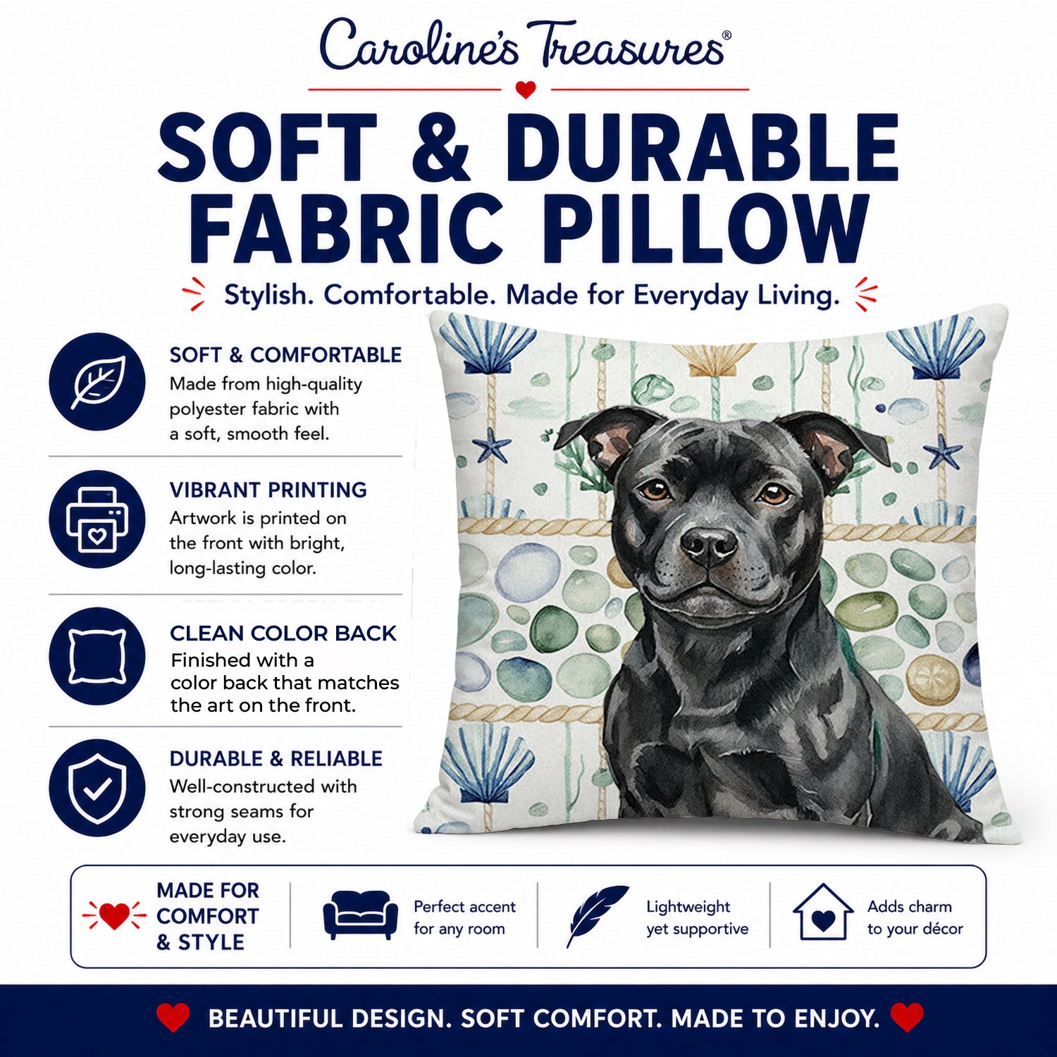 Black Staffordshire Bull Terrier Coastal Sea Glass Decorative Throw Pillow 18x18 Indoor Outdoor Accent Cushion, Fabric Cover with Insert for Sofa, Bed, Porch & Living Room