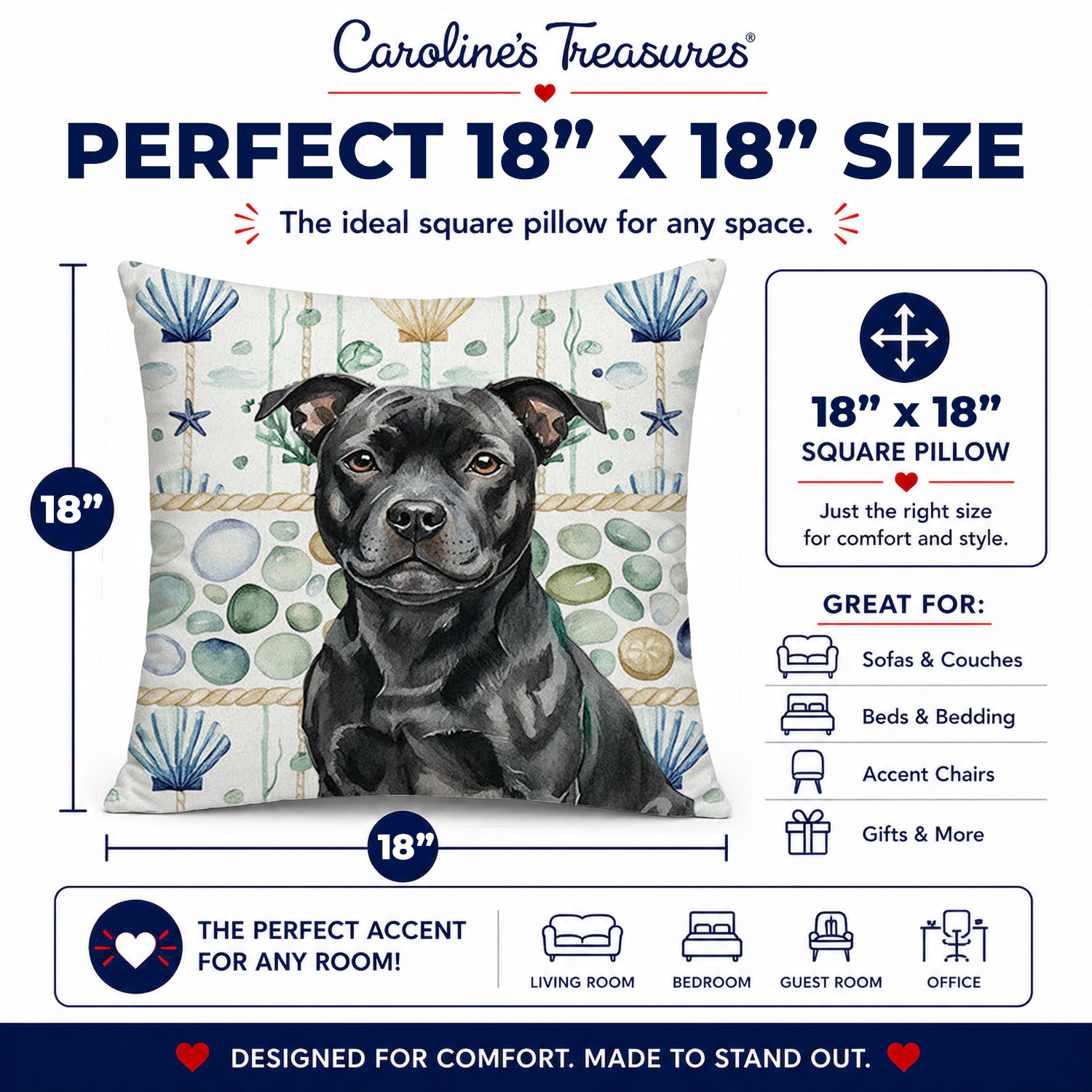 Black Staffordshire Bull Terrier Coastal Sea Glass Decorative Throw Pillow 18x18 Indoor Outdoor Accent Cushion, Fabric Cover with Insert for Sofa, Bed, Porch & Living Room