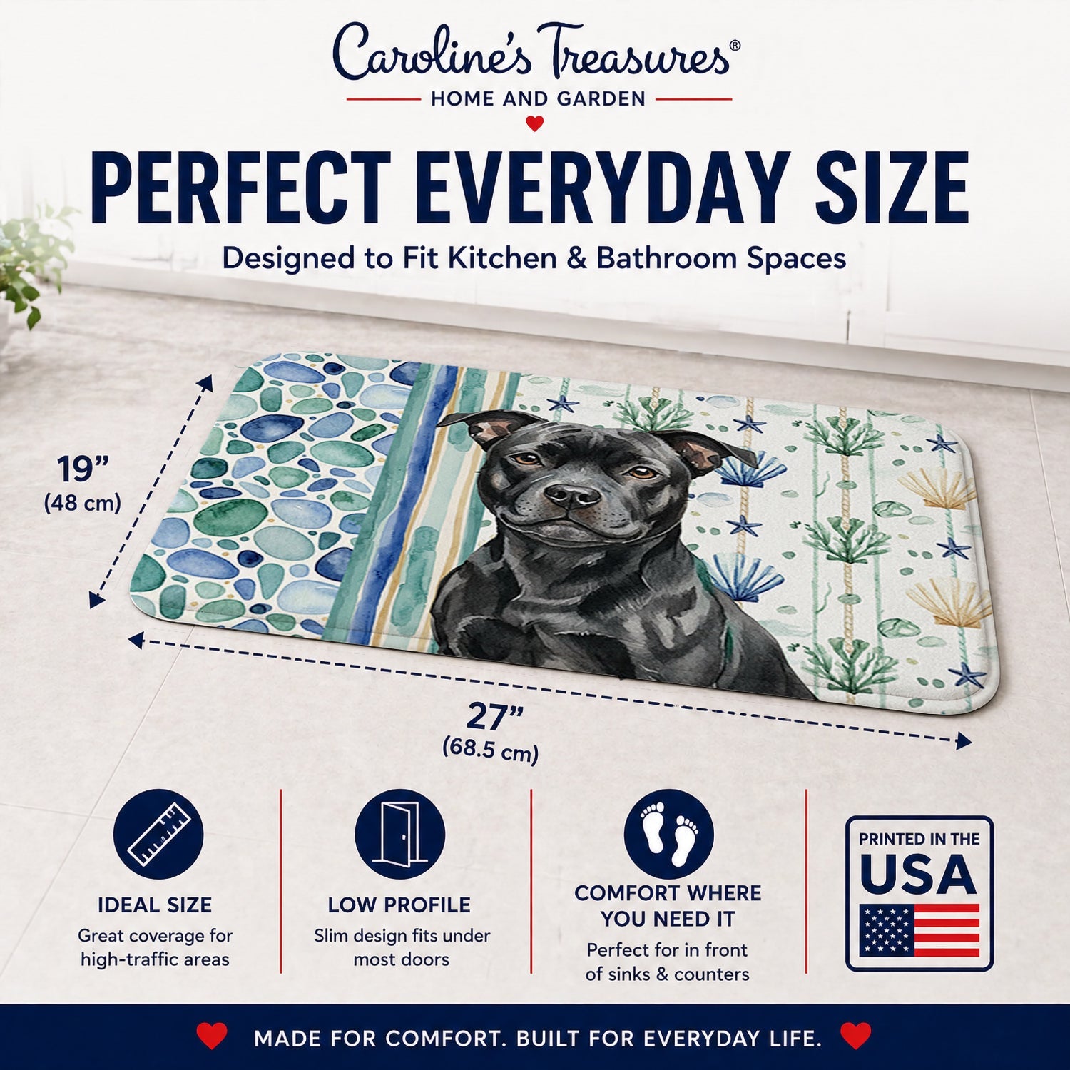 Black Staffordshire Bull Terrier Coastal Sea Glass Memory Foam Kitchen Mat Machine Washable Anti-Fatigue Cushion Comfort Bath or Kitchen Rug