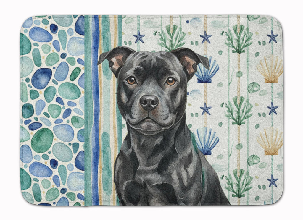 Black Staffordshire Bull Terrier Coastal Sea Glass Memory Foam Kitchen Mat Machine Washable Anti-Fatigue Cushion Comfort Bath or Kitchen Rug