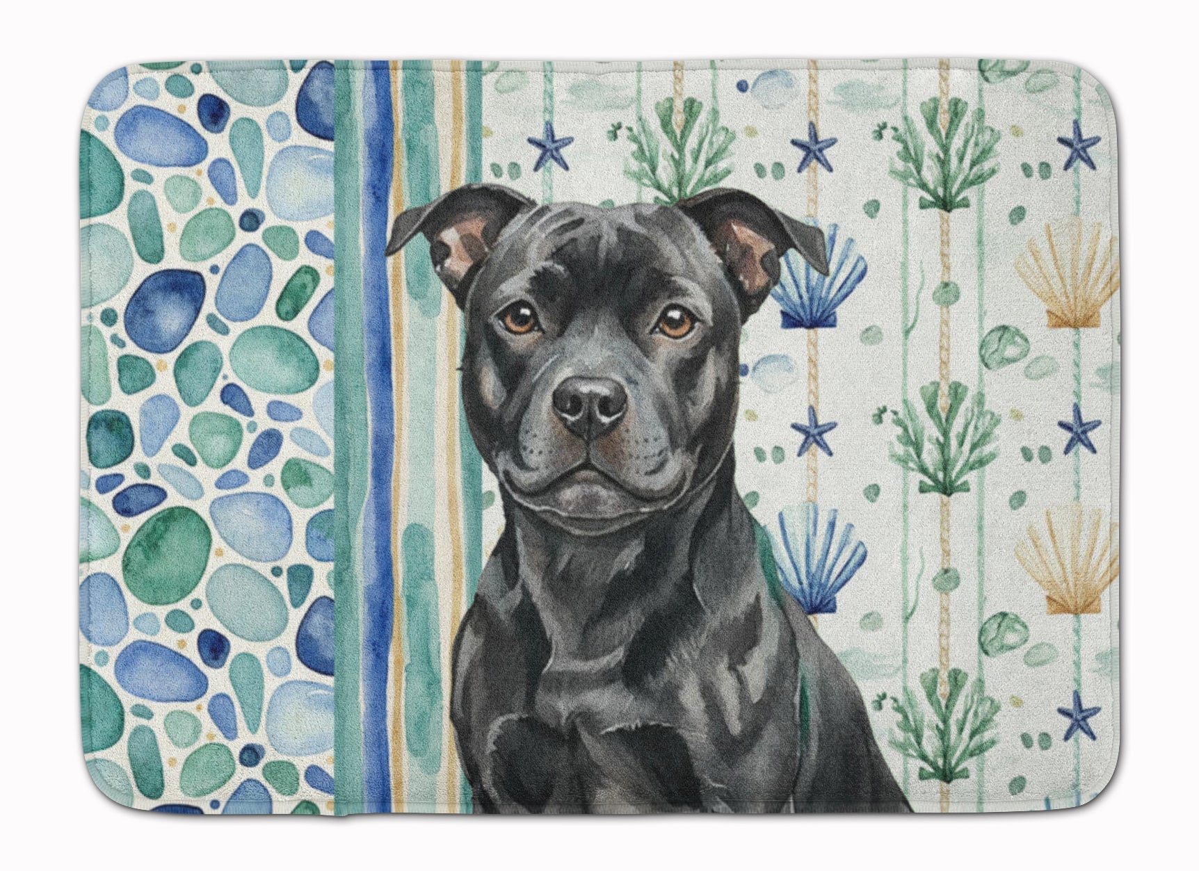 Black Staffordshire Bull Terrier Coastal Sea Glass Memory Foam Kitchen Mat Machine Washable Anti-Fatigue Cushion Comfort Bath or Kitchen Rug