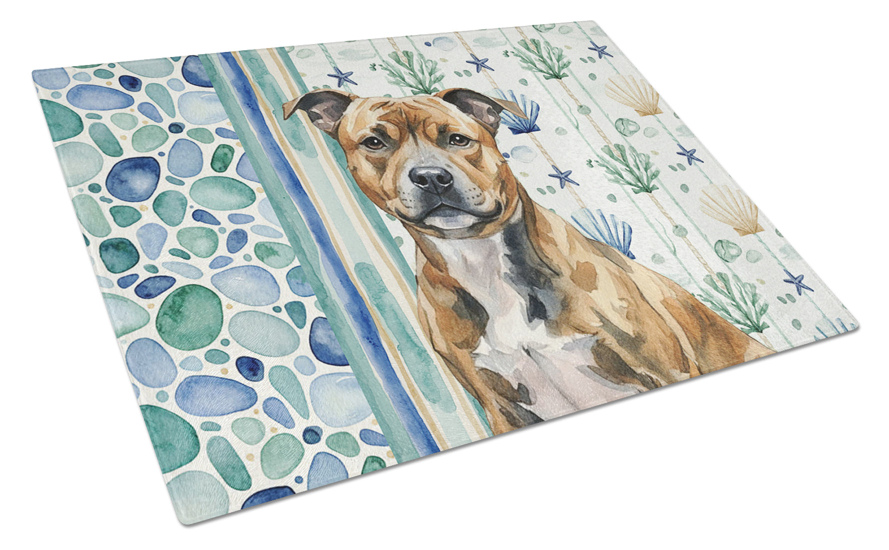 Brindle Staffordshire Bull Terrier Coastal Sea Glass Cutting Board Tempered Glass Kitchen Cutting Surface, Heat Resistant Chopping, Non-Slip Feet, Food Prep & Serving