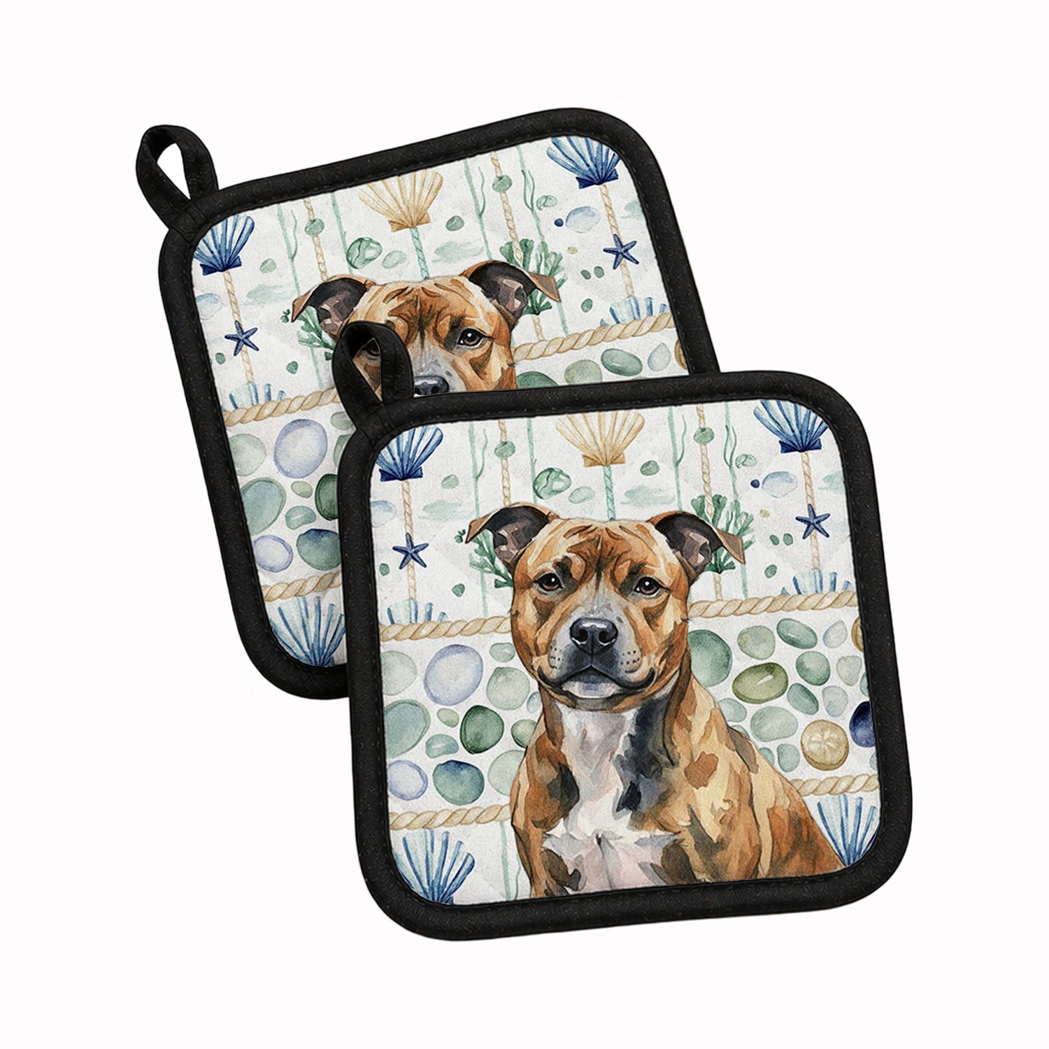 Brindle Staffordshire Bull Terrier Coastal Sea Glass Pot Holder Set of 2 Heat Resistant Quilted Hot Pads 7.5 x 7.5 Inch, Insulated Kitchen Trivets for Cooking & Baking