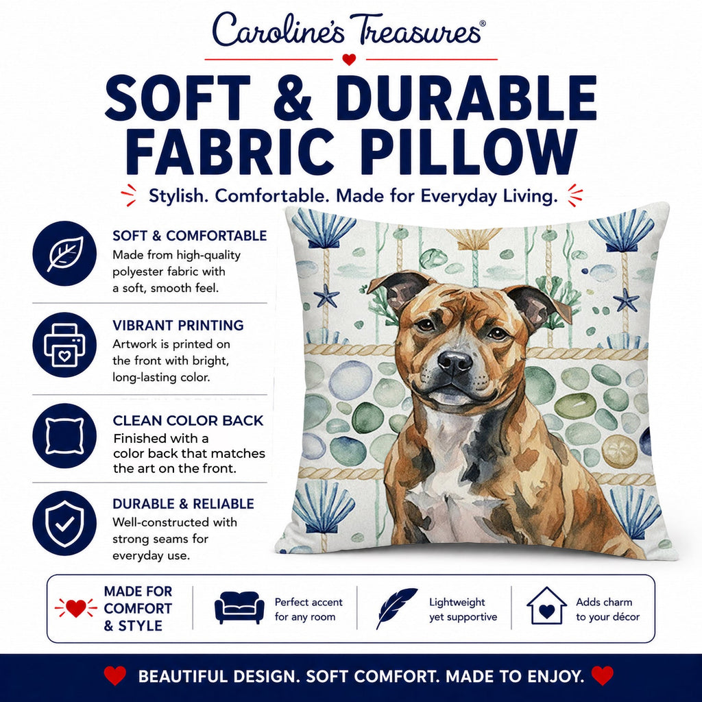 Brindle Staffordshire Bull Terrier Coastal Sea Glass Decorative Throw Pillow 14x14 Indoor Outdoor Accent Cushion, Fabric Cover with Insert for Sofa, Bed, Porch & Living Room