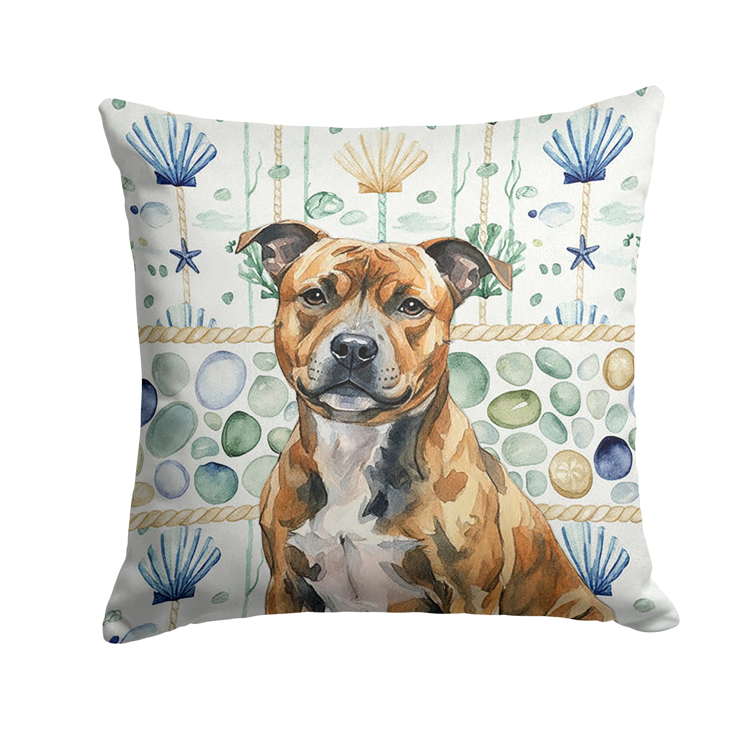 Brindle Staffordshire Bull Terrier Coastal Sea Glass Decorative Throw Pillow 14x14 Indoor Outdoor Accent Cushion, Fabric Cover with Insert for Sofa, Bed, Porch & Living Room