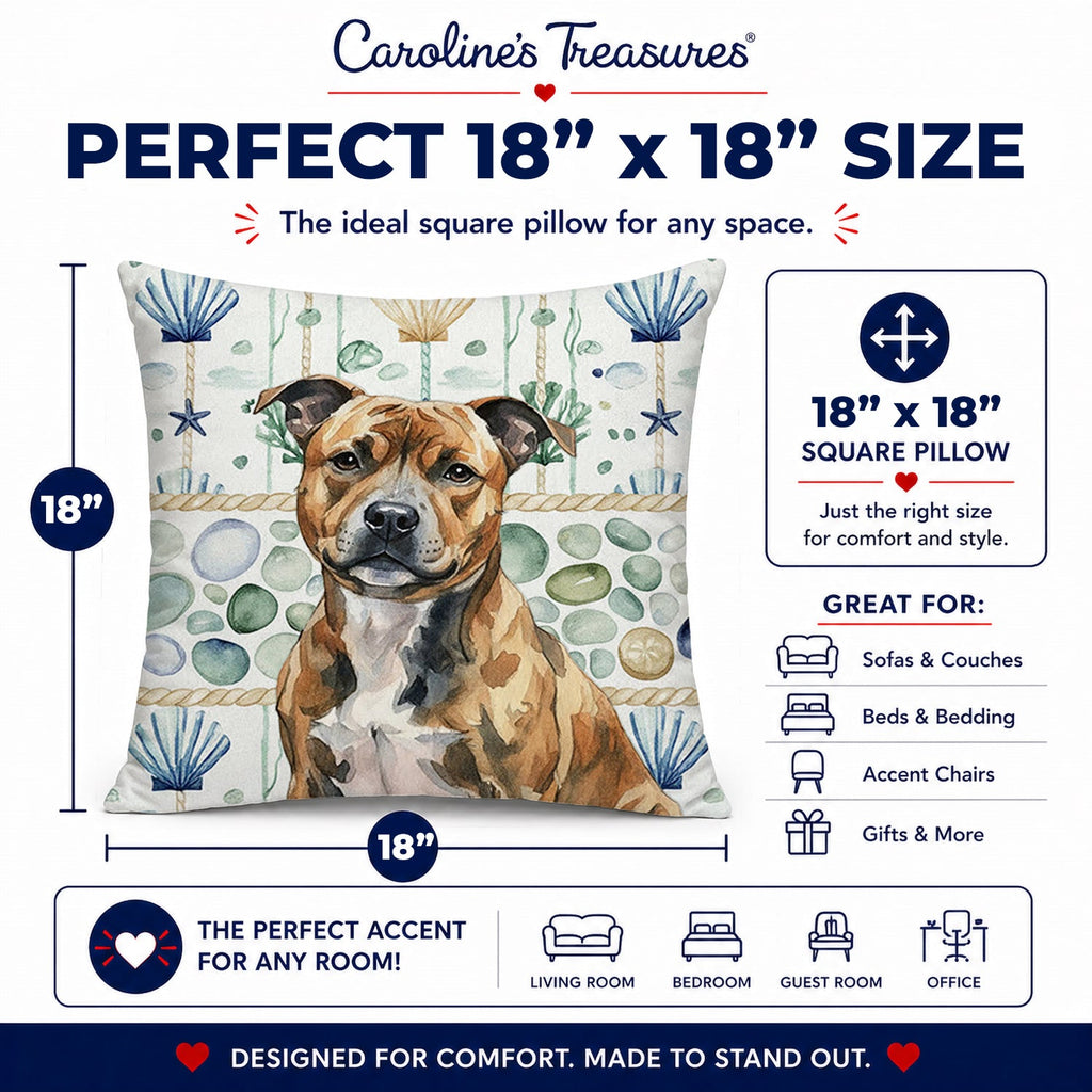 Brindle Staffordshire Bull Terrier Coastal Sea Glass Decorative Throw Pillow 18x18 Indoor Outdoor Accent Cushion, Fabric Cover with Insert for Sofa, Bed, Porch & Living Room